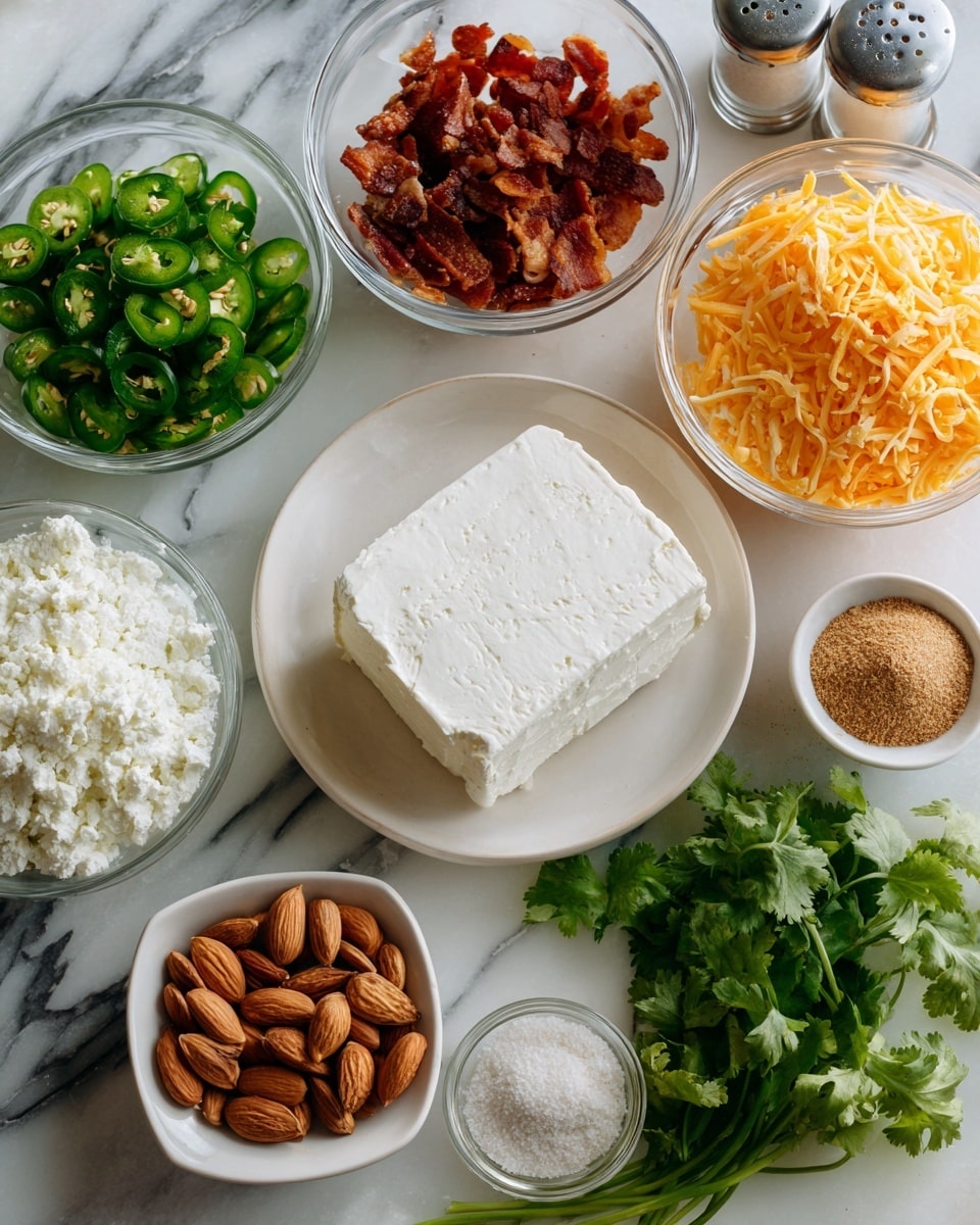 The image shows several small white bowls and one white plate arranged on a white marbled surface. The white plate at the bottom center has a large block of cream cheese with a smooth and slightly soft texture. Above the plate, a white bowl holds crispy bacon bits, reddish-brown and irregular in shape. To the left, a clear glass bowl contains bright green chopped jalapenos with a fresh, glossy look. Above it, another clear bowl has finely shredded orange cheddar cheese. On the right side, a bunch of fresh green cilantro leaves with a leafy texture rests partly overlapping some whole almonds, which are light brown and smooth. Two small white bowls to the right contain powdered spices: one has light brown cumin powder, and the other holds pale garlic powder. Another clear glass bowl on the left side is filled with white panko crumbs that have a coarse, crumbly texture. Two small silver shakers with pepper and salt are placed nearby. The overall setup is neat and colorful with a wooden table partially visible around the edges, but the main surface is white marble. Photo taken with an iphone --ar 4:5 --v 7