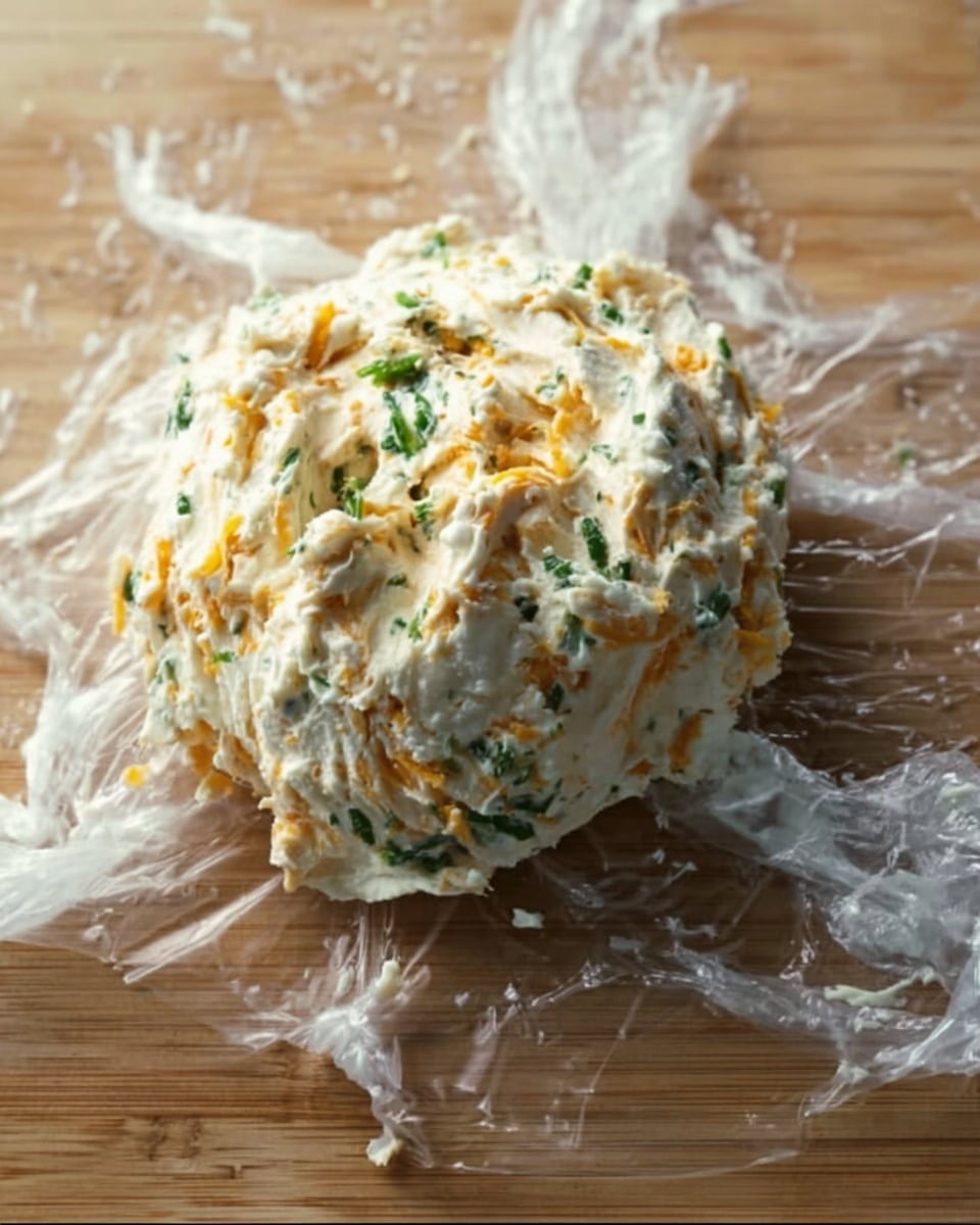 A large dollop of soft cream cheese mixed with shredded orange cheddar and chopped green herbs sits on clear plastic wrap atop a white marbled surface. The cheese mixture shows uneven texture with visible small chunks of cheddar and flecks of green herbs spread throughout. The plastic wrap underneath has loose folds spread around the cheese ball, and the wooden table beneath is replaced with the white marbled background. photo taken with an iphone --ar 4:5 --v 7