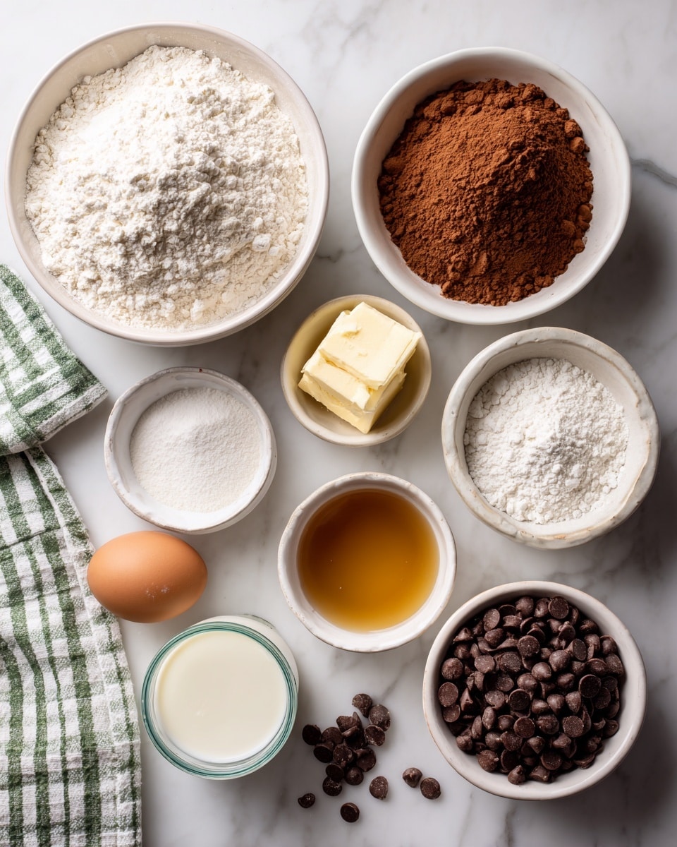 The image shows nine white bowls and a cup arranged on a white marbled surface, each filled with different baking ingredients. The largest bowl at the top left holds white flour with a fine, powdery texture. To its right, a slightly smaller bowl contains light brown cocoa powder, crumbly and dense. Below them are five smaller bowls arranged in a loose circle: baking powder, white and granular sugar, fine white salt, a golden melted butter with a shiny surface, and a clear brown vanilla liquid. Near the bottom left, a small bowl holds a light brown egg, and next to it is a glass cup filled with creamy white buttermilk. At the bottom right, a medium-sized bowl is filled with small, smooth dark brown chocolate chips, some spilling slightly onto the surface. A white and green checkered cloth is visible on the left side. photo taken with an iphone --ar 4:5 --v 7