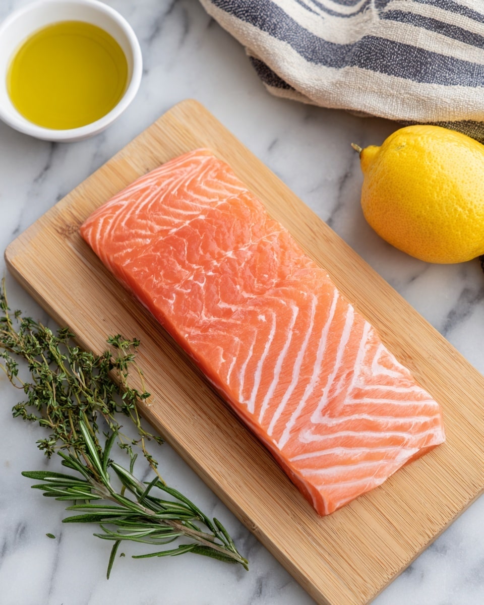 A fresh, pink-orange salmon fillet with white lines is placed on a light wooden cutting board, showing its smooth texture. Below the board, a small white bowl with golden olive oil sits next to a bright yellow lemon and a green rosemary sprig. In the top right corner, a gray and white striped cloth rests on a white marbled surface, creating a simple and fresh kitchen scene. Photo taken with an iphone --ar 4:5 --v 7