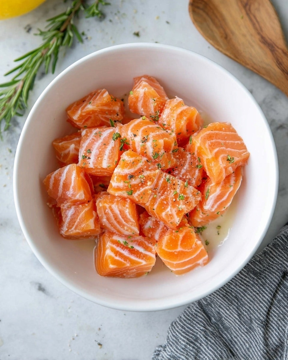 The image shows a white bowl filled with small, thick pieces of raw salmon, each piece bright orange with white marbling lines. The salmon chunks are lightly sprinkled with green herbs and black pepper, giving a fresh look. The bowl sits on a white marbled surface, and in the top right corner, part of a wooden spoon and a gray-striped cloth are visible. There is also a sprig of fresh rosemary and a yellow lemon partially shown in the top left area. photo taken with an iphone --ar 4:5 --v 7