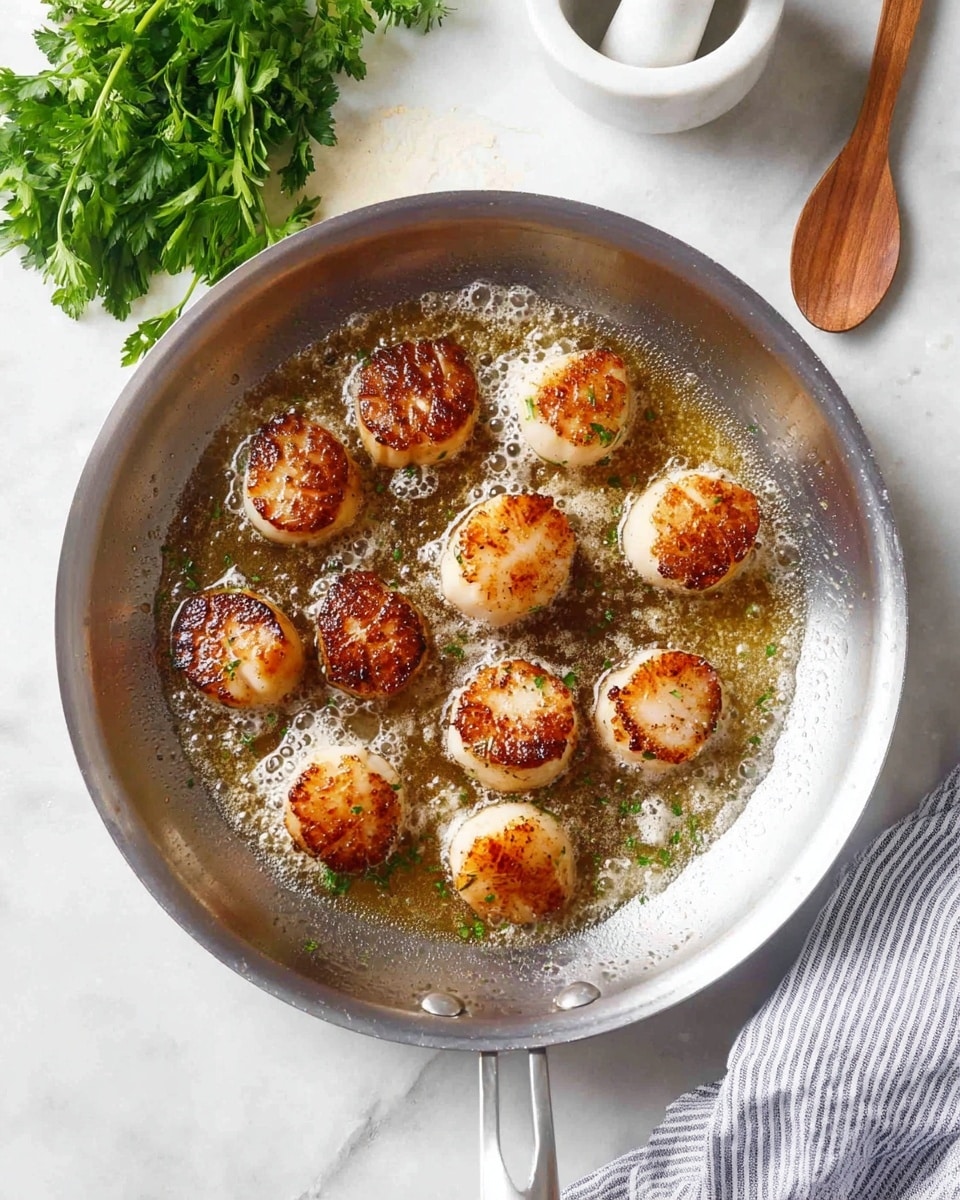 A silver pan holds ten round, golden-brown seared scallops in a shallow pool of bubbling butter sauce, the scallops showing a crispy, lightly charred texture on their top sides. The pan rests on a white marbled surface, with a bunch of fresh green parsley on the top left, a white mortar and pestle with a small wooden spoon nearby, and a folded gray and white striped cloth on the top right. The scene is bright and clean, focusing on the warm colors and textures of the scallops and butter. photo taken with an iphone --ar 4:5 --v 7