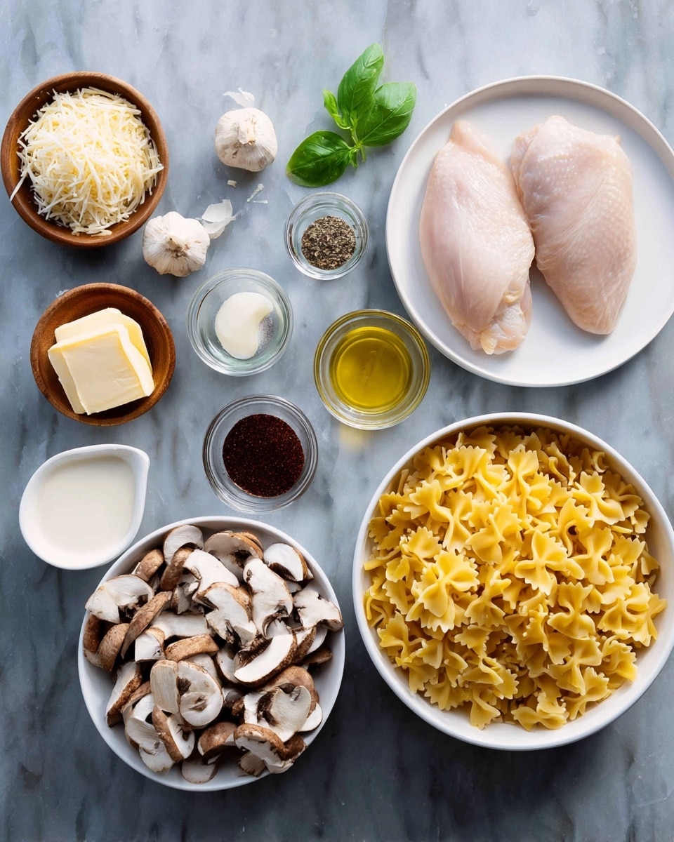 The image shows various cooking ingredients arranged on a white marbled surface. There are two raw chicken pieces on a white plate in the top right. Next to them is a white bowl full of uncooked farfalle pasta with a bright yellow color. Below and to the left is a white bowl filled with sliced mushrooms showing a brown and white texture. Small white and wooden bowls hold minced garlic, grated cheese, a block of butter, ground seasoning, and a dark paste. There are also small clear containers with different liquids, including cream and oil. A sprig of fresh green basil adds a touch of color. The ingredients are neatly spread in a balanced, easy-to-see layout. photo taken with an iphone --ar 4:5 --v 7