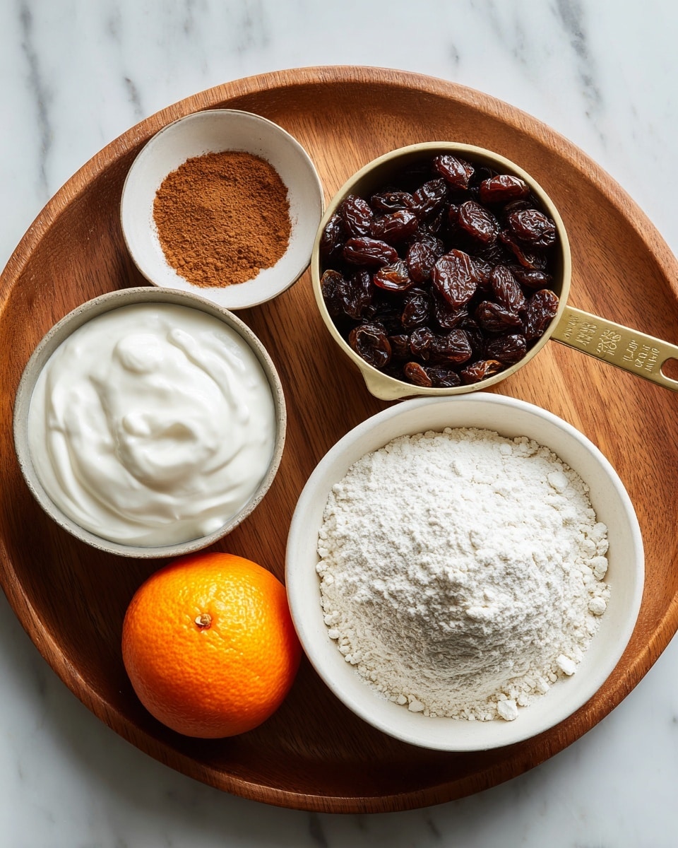 A wooden tray is set on a white marbled surface, holding five ingredients. In the upper right corner, there is a white bowl filled with a mound of fine, white self-rising flour with slight texture on top. Below it, a smaller white bowl contains dark, wrinkled raisins with a glossy surface. To the left sits a small white dish with a brownish pile of cinnamon powder. Above this is a gold measuring cup filled with thick, white coconut yogurt, showing a smooth texture with some small peaks. Finally, a whole, bright orange sits on the bottom left corner of the tray. photo taken with an iphone --ar 4:5 --v 7
