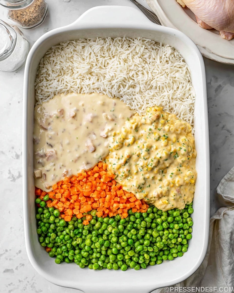 A white rectangular casserole dish holds four separate layers of ingredients arranged side by side. On the left is a scoop of creamy, light beige sauce mixed with small darker bits, next to it is a mound of plain white rice filling the central part of the dish. To the right of the rice, bright green peas and small diced orange carrots are mixed together, and in the top right corner, a thick creamy yellow mixture with peas and other small bits rests above part of the rice and vegetables. The dish is placed on a white marbled surface with part of uncooked chicken visible on a white plate in the background, and a clear salt shaker nearby. Photo taken with an iphone --ar 4:5 --v 7