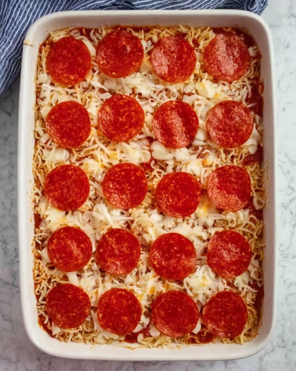 A rectangular white dish filled with a base layer of shredded cheese, mostly covering what seems to be a sauce or dough underneath. On top of the cheese, there are 22 round slices of bright red pepperoni neatly arranged in rows, covering almost the entire surface. The dish is placed on a white marbled background, with a glimpse of a blue and white striped cloth visible at the top edge. The cheese looks soft and strings slightly in texture, while the pepperoni slices appear smooth and oily. photo taken with an iphone --ar 4:5 --v 7