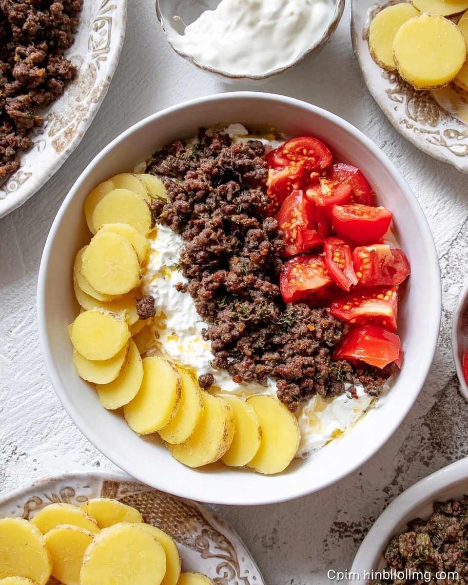 The dish shows a white bowl with three distinct layers: the bottom layer has round, sliced yellow potatoes spread flat, the middle layer is a white creamy sauce that covers the potatoes partially, and the top layer consists of a mix of small ground dark brown meat pieces and bright red tomato slices arranged mostly on one side. The bowl is placed on a white marbled textured surface with other plates around holding more yellow potato slices, ground meat, and creamy sauce. Photo taken with an iphone --ar 4:5 --v 7