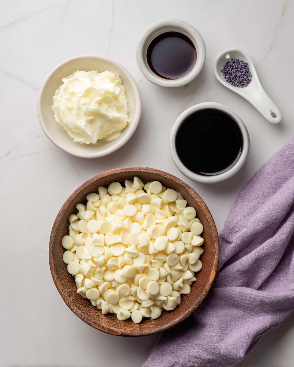 The image shows ingredients arranged on a white marbled surface. At the bottom center is a wooden bowl filled with many small, creamy white chocolate chips. Above the bowl, slightly to the left, is a small white bowl containing thick, solid white coconut oil. To the right of the coconut oil is a small black round bowl with dark liquid food coloring. Further right, a small white bowl with lavender extract and a white ceramic spoon resting inside it sits next to a folded lavender-colored cloth on the right side. photo taken with an iphone --ar 4:5 --v 7