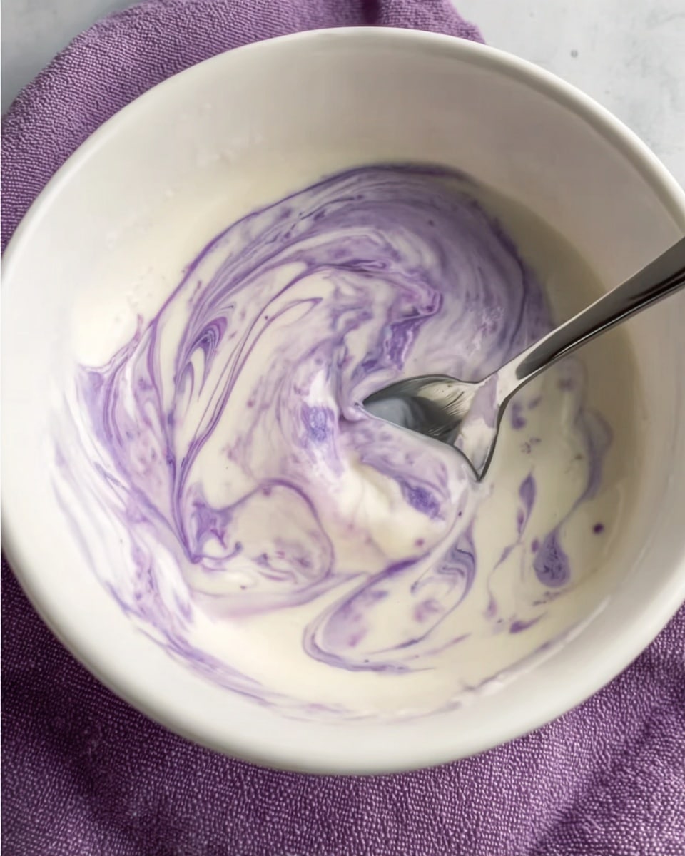 A white bowl filled with thick white cream that has gentle swirls of light purple mixed into it, creating a marbled effect. A silver spoon is inside the bowl, stirring the cream, with its shiny curved surface catching the light. The bowl is placed on a purple textured cloth, and part of the white marbled surface underneath is visible around the cloth edges. The mix looks smooth and creamy with soft flowing lines of purple. Photo taken with an iphone --ar 4:5 --v 7