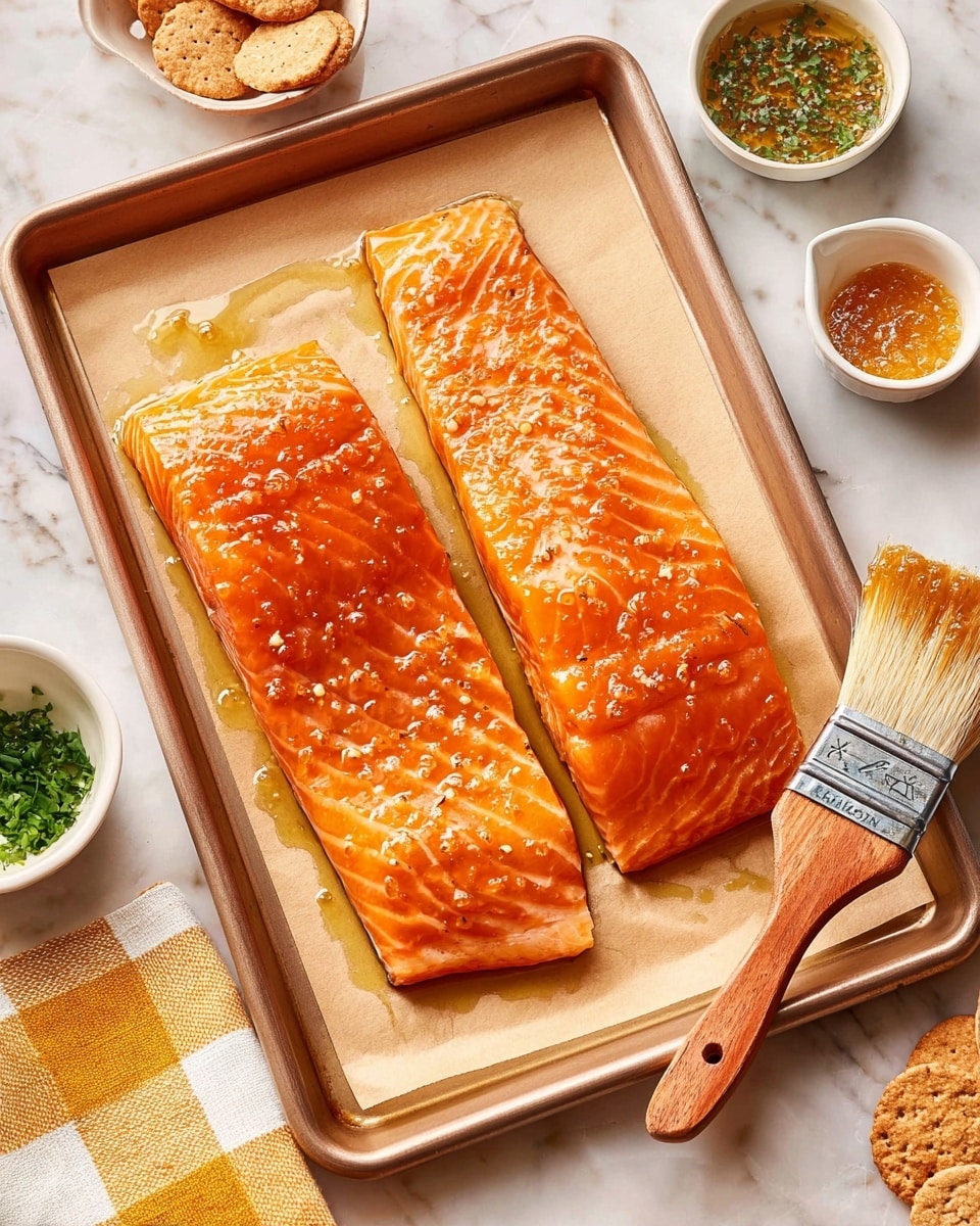 Two raw salmon fillets with a shiny orange surface and white lines sit on light brown parchment paper on a baking tray. Each fillet is coated with a light glaze that has small bits of seasoning visible on top. On the right side of the tray, there is a wooden-handled brush with light brown bristles resting on the edge of the tray. Around the tray, there are several small white bowls containing different sauces and garnishes, including a green herb, a light sauce with chunks, and round brown crackers. All of this is set on a white marbled surface with a yellow and white checkered cloth under the tray. photo taken with an iphone --ar 4:5 --v 7