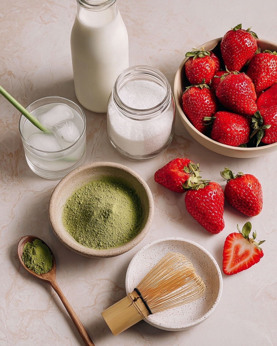 The image shows ingredients for making a drink arranged on a white marbled surface. There is a beige bowl filled with bright red whole and halved strawberries on the upper right side. Next to it, slightly lower, is a clear glass jar filled with white sugar. A glass bottle with white milk stands behind the jar. On the left side, there is a clear glass with ice cubes and two green straws inside. In the lower center part of the image, a small beige stone bowl contains bright green matcha powder, with a wooden spoon holding some matcha powder placed in front of it. On the right bottom corner, there is a white speckled bowl with a bamboo matcha whisk resting inside. Several fresh strawberries and halved strawberries are scattered around the main items. Photo taken with an iphone --ar 4:5 --v 7