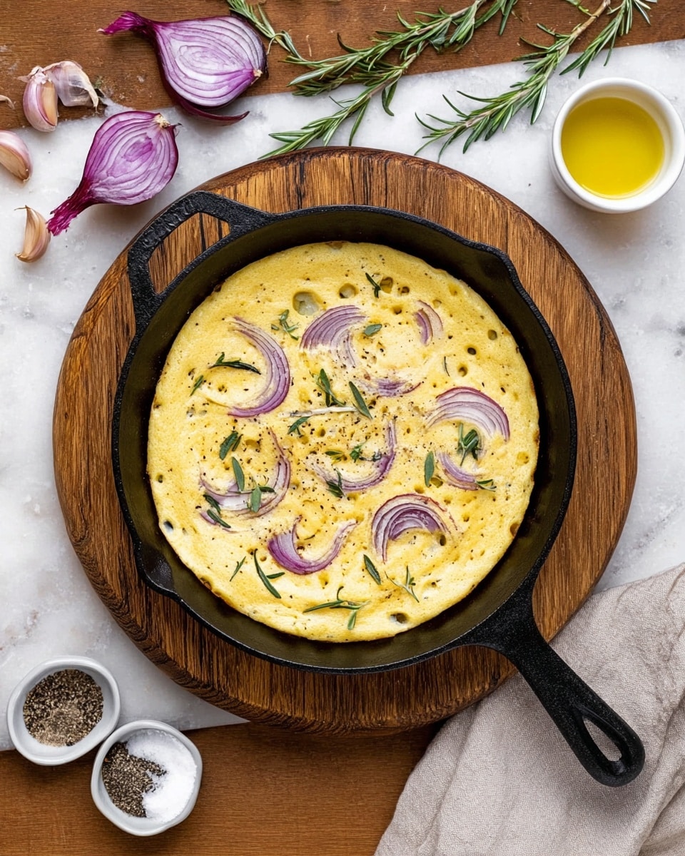 A black cast iron skillet sits on a round wooden board, holding a single-layer pale yellow omelette. The omelette has a soft texture with small holes across its surface. Scattered on top are thin slices of purple-red onion and small green rosemary leaves, adding color contrast. Around the skillet on a white marbled surface are half and whole garlic bulbs, fresh rosemary sprigs, two halved purple onions, small white bowls with black pepper and salt, a white bowl with yellow oil, and a light gray cloth partially folded near the bottom right corner. Photo taken with an iphone --ar 4:5 --v 7