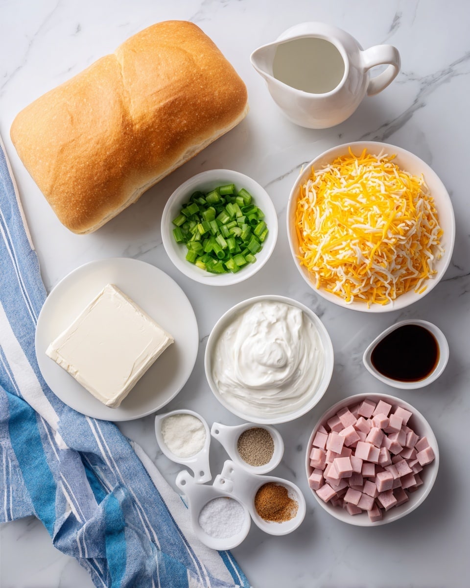 The image shows several food ingredients arranged neatly on a white marbled surface with a blue and white striped cloth on the left side. At the top left, there is a whole loaf of fresh bread with a golden-brown crust. Below and to the right, a white bowl is filled with shredded yellow cheddar cheese. Next to it, a small white bowl holds green chopped onions. Above that, a white plate contains a block of smooth white cream cheese. Below the cheddar bowl, there is a larger white bowl filled with thick white sour cream. Near the center bottom, a bowl contains small cubes of pink diced ham. Two small white measuring spoons hold light brown garlic powder and onion powder, and beside them is a small white cup with dark Worcestershire sauce. Another small white dish contains white salt and black pepper in halves. The setup is well-lit and clean, showcasing all ingredients clearly. Photo taken with an iphone --ar 4:5 --v 7