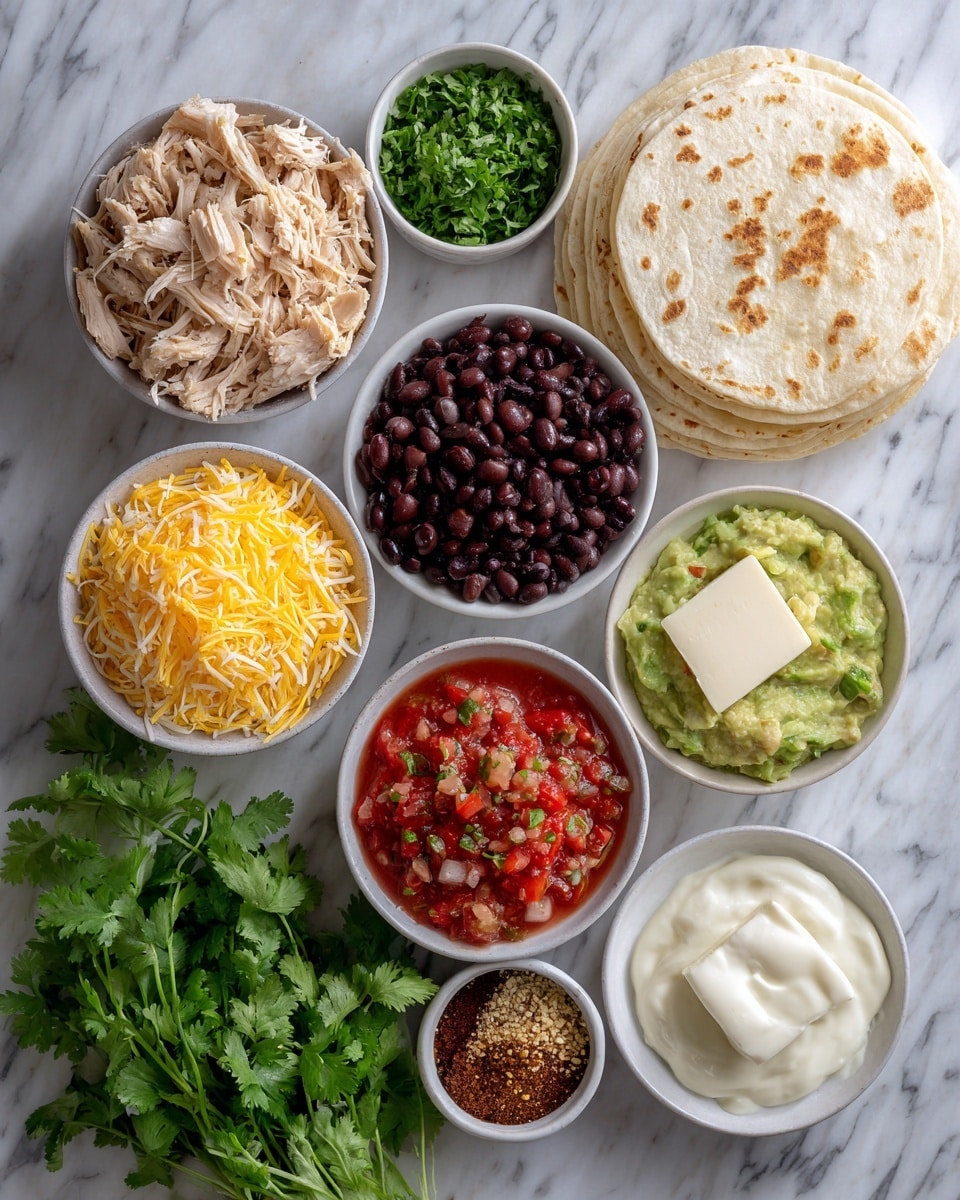 The image shows a top-down view of various ingredients neatly arranged on a white marbled surface. On the right, there is a stack of five soft white tortillas with light brown spots, slightly overlapping each other. Above the tortillas is a small white dish filled with chunky red salsa that has visible bits of tomato and green herbs. To the right of the salsa is a white bowl with three types of brown seasonings separated side by side. Next to that is a unwrapped block of cream cheese, smooth and white, resting on the surface. Near the center, a small white bowl holds chopped fresh green cilantro. To the left of the cilantro, a larger white bowl contains shredded chicken, pale beige and finely shredded. Below it, a white bowl is filled with black beans, deep black and glossy. Above the beans, a white bowl contains bright orange-yellow shredded cheddar cheese. Below the beans and chicken, three small white bowls hold white sour cream, red pico de gallo with small vegetable pieces, and pale green guacamole with a creamy texture. A bunch of leafy fresh cilantro is placed on the top left corner of the image, adding a natural touch, with a woman’s hand gently touching it. A white and blue striped cloth partially covers the bottom left of the image. The whole scene is bright and clean. photo taken with an iphone --ar 4:5 --v 7