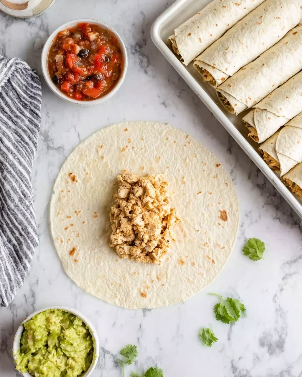 The image shows a white tortilla laid flat on a white marbled surface, with a scoop of light brown, chunky chicken mixture placed in the center. To the top left, there are two small bowls; one with a red tomato salsa and the other with green guacamole. At the top right, a white baking tray holds several rolled tortilla wraps lined up neatly, ready to be baked. There are a few green cilantro leaves scattered around for decoration, and a striped cloth is partially visible on the lower left side. The scene is bright and clean, with a focus on the layers and textures of the ingredients. photo taken with an iphone --ar 4:5 --v 7