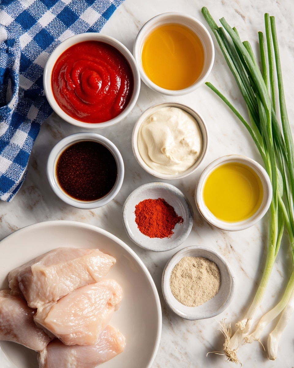 The image shows a white plate at the bottom left filled with several raw pale pink chicken pieces stacked together. Around this plate are seven small white bowls arranged in a rough circle, each holding a different ingredient: one with red hot sauce at top left, another with dark red ketchup at top right, a bowl of golden honey in the middle, a bowl of smooth white sour cream to the left, and a small bowl with clear oil below the honey. To the right of the oil are three more small white bowls stacked vertically, holding light brown cumin powder, minced garlic that is pale yellow, and bright orange smoked paprika from top to bottom. At the bottom right, several fresh green onions lie with their green stalks pointing up. The background is a white marbled surface with a blue patterned cloth on the left side. Photo taken with an iphone --ar 4:5 --v 7