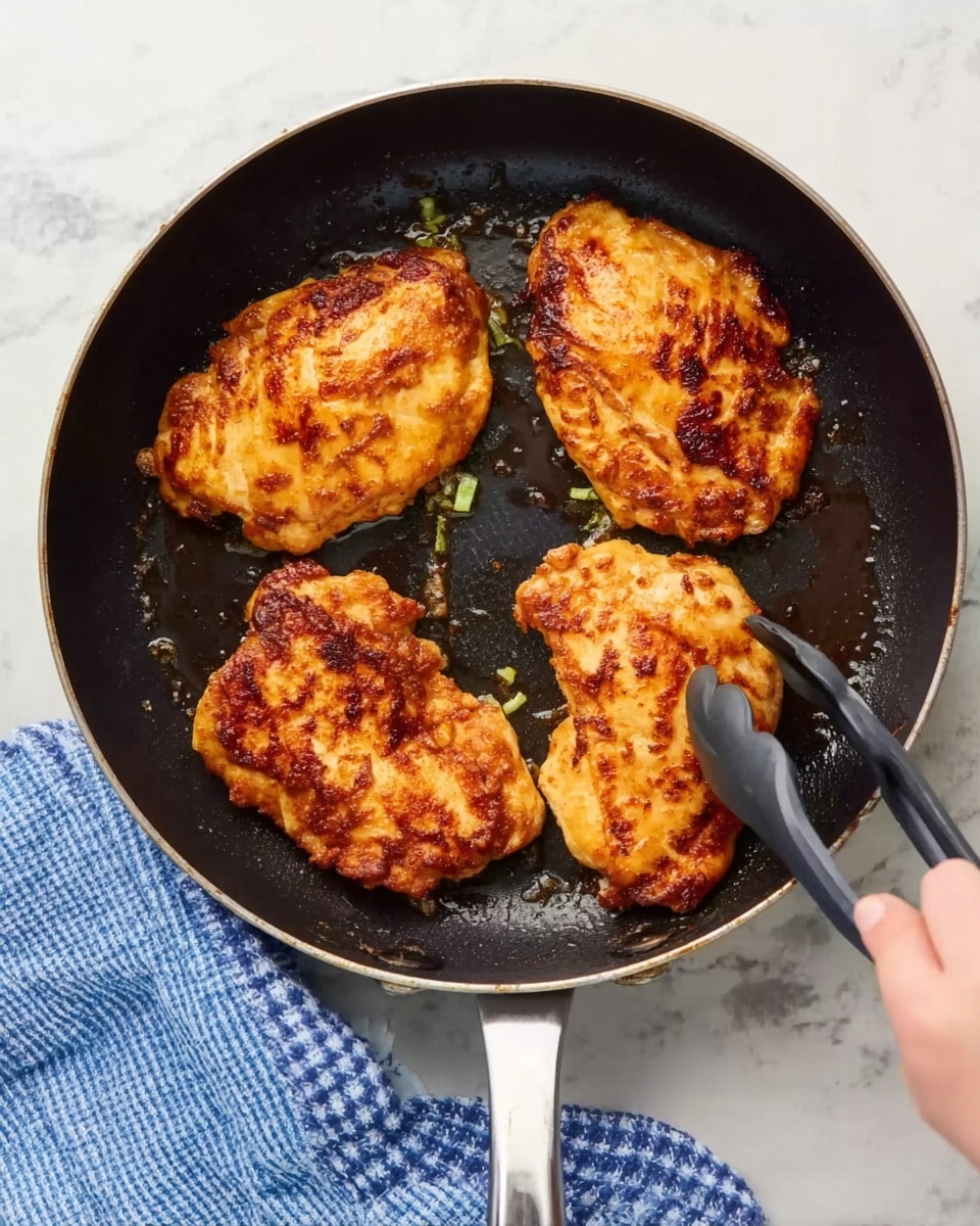 The image shows four pieces of golden-brown cooked chicken in a black frying pan. The chicken pieces have a slightly crispy texture with visible browned spots. A woman's hand is holding black tongs, lifting one piece. The pan is sitting on a white marbled surface with a blue and white checkered cloth nearby. Photo taken with an iphone --ar 4:5 --v 7
