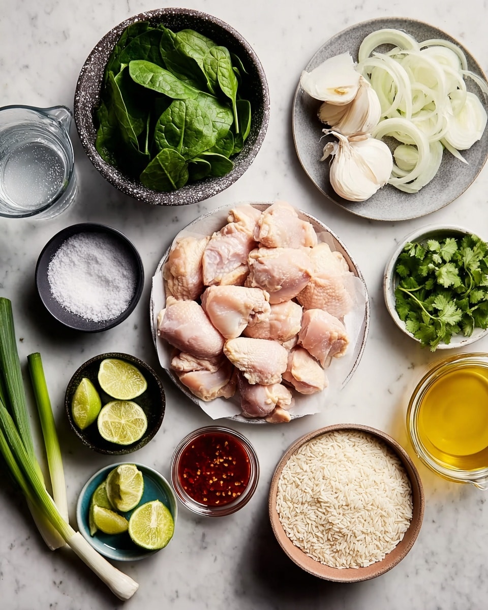 A white paper-lined pile of raw, light pink chicken pieces is in the center on a white marbled surface. Around it are small bowls and plates: a dark speckled bowl of fresh green spinach leaves on the left, a small black bowl of white salt below it, and a silver plate with green scallions below the chicken. Above the chicken piece is a gray plate with whole garlic cloves. To the right of the garlic is a dark bowl with quartered white onion slices, and next to it on the far right are bright green cilantro leaves. Below the cilantro is a small white bowl with lime wedges, and below that is a brown bowl filled with white rice grains. A jar of golden yellow liquid lies in the lower right corner. On the left side above the greens, a clear measuring cup with water next to a small bowl with thick white cream and a glass jar with red chili sauce complete the scene. photo taken with an iphone --ar 4:5 --v 7