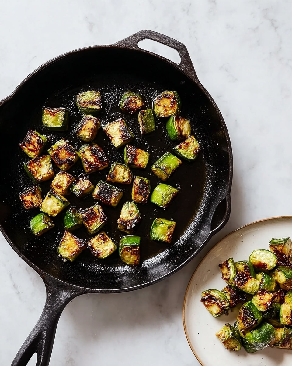 A black cast iron pan filled with about twenty pieces of browned, green zucchini with charred edges, scattered evenly across the pan’s surface. The zucchini pieces have a light oil shine, showing they are cooked or fried. To the right, there is a white plate holding more of the browned zucchini pieces piled up in a loose heap. The pan and plate are placed on a white marbled surface, creating a clean and simple background. Photo taken with an iphone --ar 4:5 --v 7
