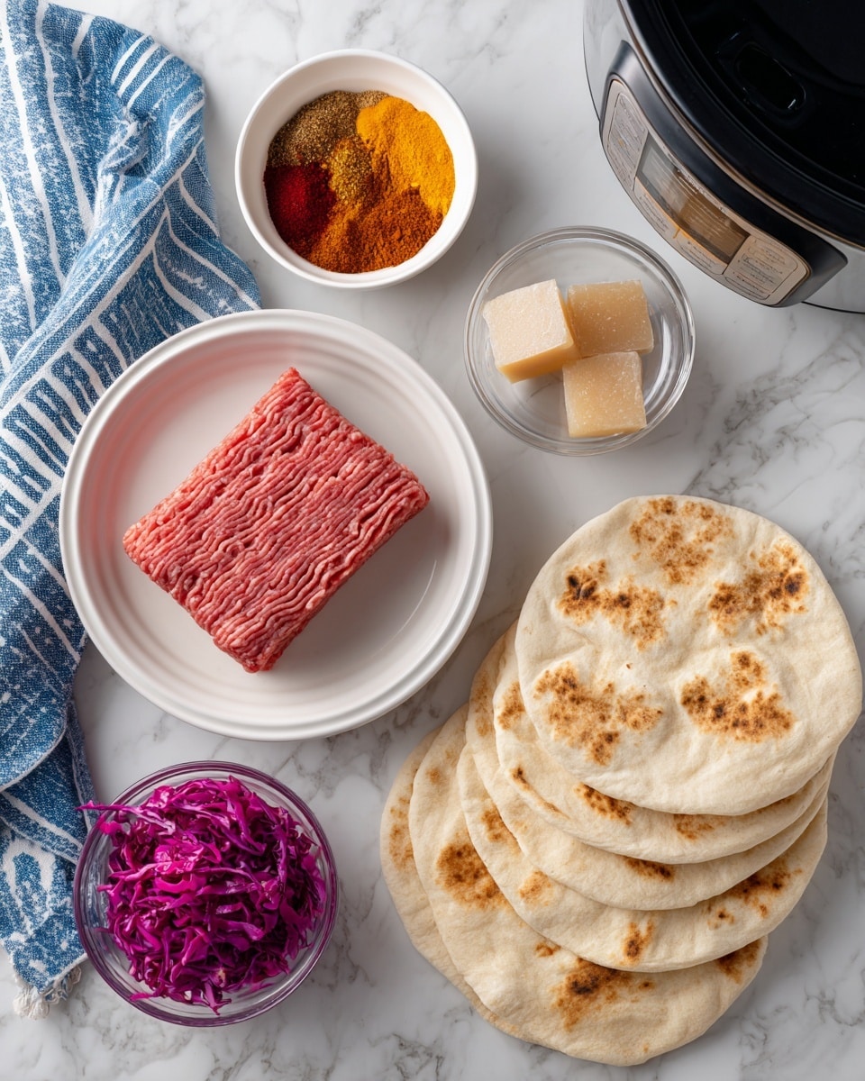 A top view of several ingredients arranged on a white marbled surface: at the center is a white bowl with a square block of raw ground beef, showing a wavy, textured pattern; above to the left is a small white bowl holding a colorful doner kebab spice blend with layers of orange, yellow, red, brown, and beige powders; above to the right is a small clear glass bowl with two beige chicken stock cubes; below to the left is a small white bowl filled with shredded bright purple-red cabbage; to the right are several round, soft Lebanese pita bread stacked in a small pile with a light tan toasted pattern on top; a blue and white striped cloth is placed at the bottom left corner; part of a black slow cooker is visible in the top right corner. photo taken with an iphone --ar 4:5 --v 7