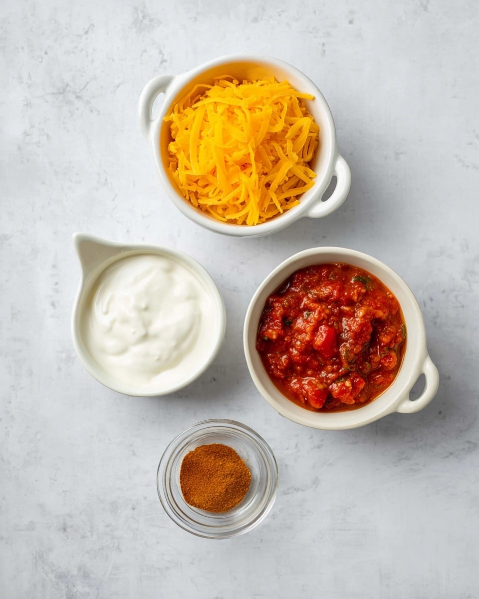 The image shows four small containers placed on a white marbled surface. At the top right, there is a white bowl with a handle filled with bright yellow shredded cheese. Below it on the right side is a similar bowl with a handle containing a chunky red salsa with visible pieces of tomatoes and herbs. To the left of the salsa bowl, there is a white bowl filled with smooth white sour cream. Below all these is a small clear glass container holding a small pile of brownish-orange powdered spice. Photo taken with an iphone --ar 4:5 --v 7
