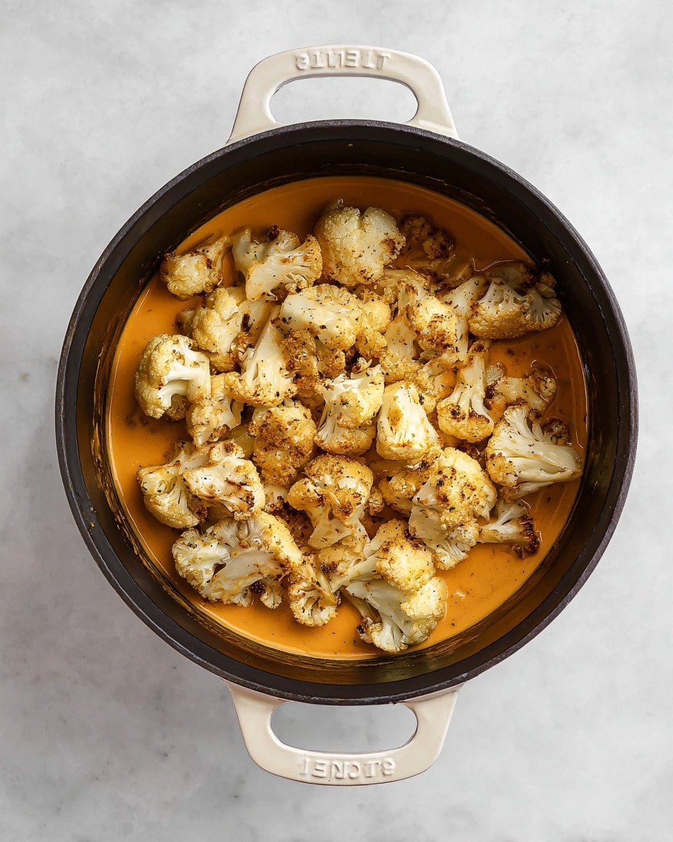 A black cooking pot with white handles is filled with roasted cauliflower pieces, which have a light golden brown color and some specks of seasoning. The cauliflower sits on a layer of smooth, orange-colored sauce that covers the bottom of the pot. The pot is placed on a white marbled surface. photo taken with an iphone --ar 4:5 --v 7