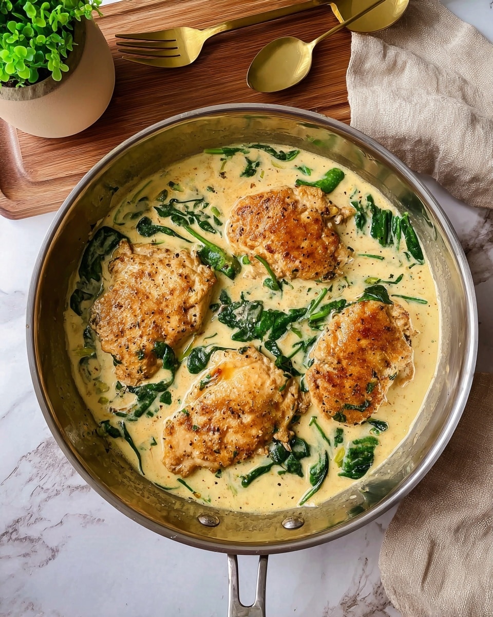 On a round white plate, there are two pieces of cooked chicken topped with a creamy light beige sauce that has visible small bits of herbs and onions, along with bright green spinach leaves scattered on top. Underneath the chicken, on the left side of the plate, there is a small layer of soft yellow mashed potatoes, and on the right side, a neat pile of fresh green beans with a smooth texture. A silver fork lies next to the green beans on the right side of the plate. The plate sits on a white marbled surface with a soft beige textile visible in the upper background. Photo taken with an iphone --ar 4:5 --v 7