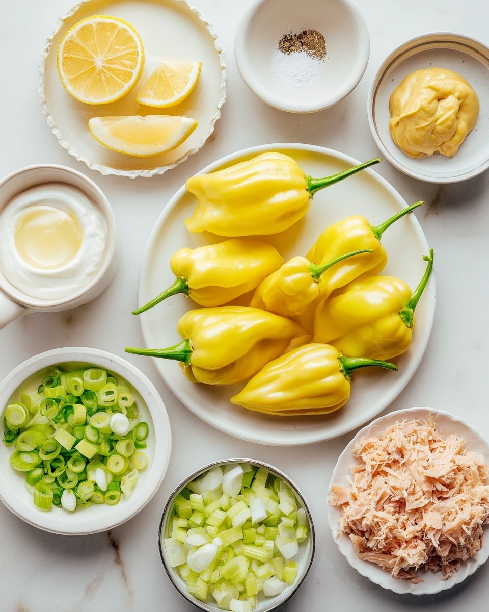A white plate in the center holds bright yellow pepperoncini peppers with smooth, slightly wrinkled textures and curved green stems. Surrounding the plate are small white bowls and dishes with different ingredients: one bowl with glossy lemon wedges stacked on top, another with a light yellow dollop of Dijon mustard, a bowl with a small pile of coarse salt and pepper, and a bowl of clear brine with a light green tint. There is a white cup with pale yellow lemon juice, a small white dish with chopped green onions showing bright green and white rings, a bowl filled with thick, smooth white Greek yogurt, a small white dish with smooth, creamy mayonnaise, and two even piles of canned tuna flakes in shallow metal containers with a light beige color and flaky texture. Next to the tuna is a small scalloped white bowl filled with crisp, chopped celery pieces that are light green with white centers. All ingredients are arranged neatly on a white marbled surface. Photo taken with an iphone --ar 4:5 --v 7
