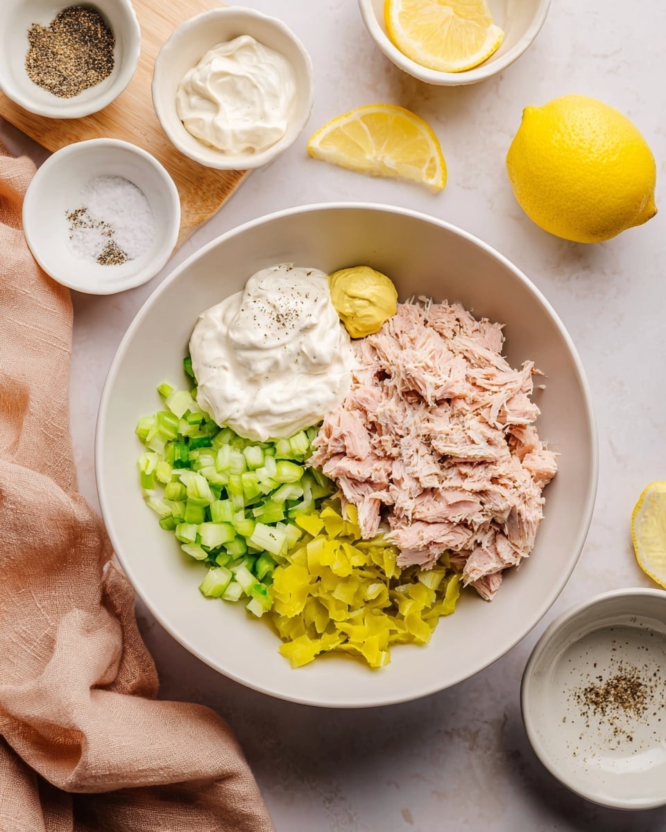 A white bowl on a white marbled surface holds six main ingredients separated in layers: a large portion of light pink shredded tuna on the bottom right, next to bright yellow chopped pepperoncini on the top right, a dollop of thick white mayonnaise above the tuna, a smaller yellow dab of mustard near the mayo, finely chopped light green celery on the bottom left, and chopped dark green scallions on the top left. The tuna is sprinkled with black pepper. Around the bowl are small white dishes with lemon slices, salt, pepper, and extra mayonnaise, along with a wooden board and pale peach cloth in the background. Photo taken with an iphone --ar 4:5 --v 7