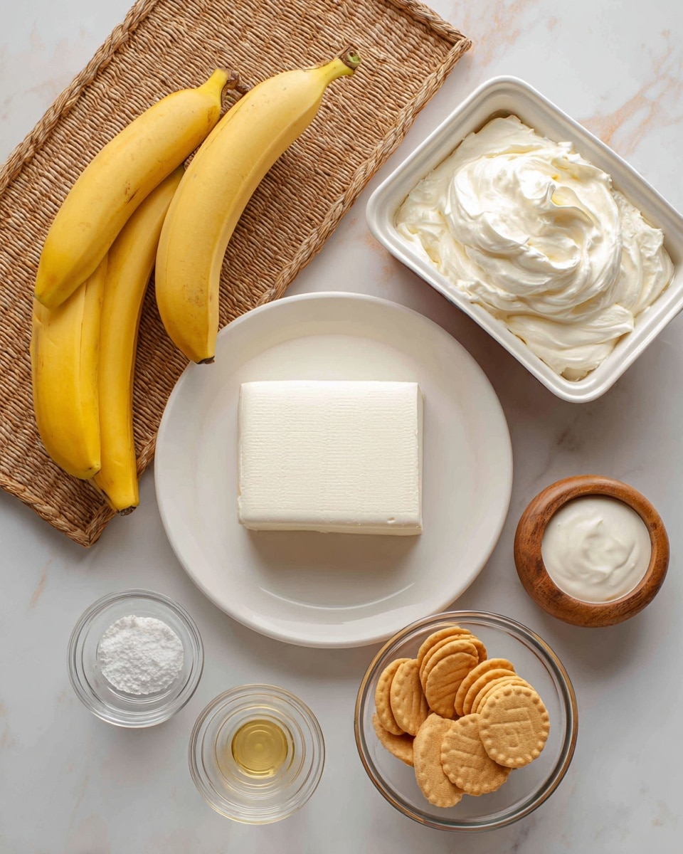 The image shows various ingredients arranged neatly on a white marbled surface. In the center is a white plate holding a smooth block of soft tofu. To the right, a small clear glass bowl is filled with golden vanilla wafer cookies, and above it is a white container with creamy dairy-free whipping cream. On the left side, two bright yellow bananas lie near a small wooden bowl containing a white mixture labeled sugar and salt. Small glass bowls hold clear banana extract and vanilla extract near the bottom left. At the top is an empty rectangular baking dish resting on a woven mat. The colors are soft with white and yellow tones dominating the setup, creating a clean and fresh look. Photo taken with an iphone --ar 4:5 --v 7
