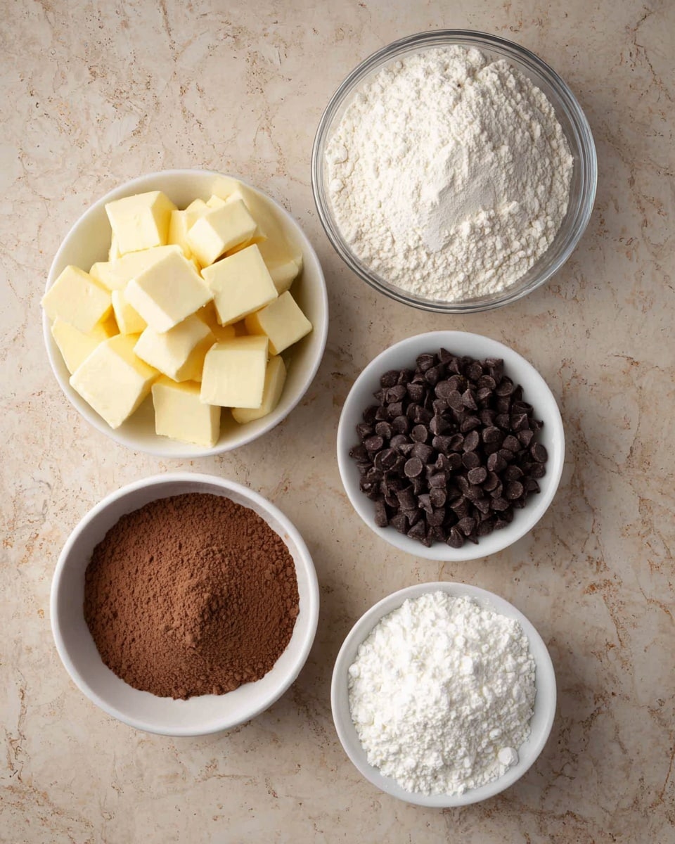 The image shows five bowls with different ingredients placed on a beige surface. At the top right, there is a clear glass bowl filled with white flour, coarse and powdery. Next to it, on the left, is a white bowl filled with small cubes of light yellow butter. Below the butter, there is a white bowl filled with light brown cocoa powder with a fine texture. Next to the cocoa powder, on the right, is a white bowl filled with a heap of white powdered sugar, smooth and fluffy. Lastly, at the bottom right corner, there is a white bowl full of small dark brown chocolate chips. The surface is a white marbled texture. photo taken with an iphone --ar 4:5 --v 7