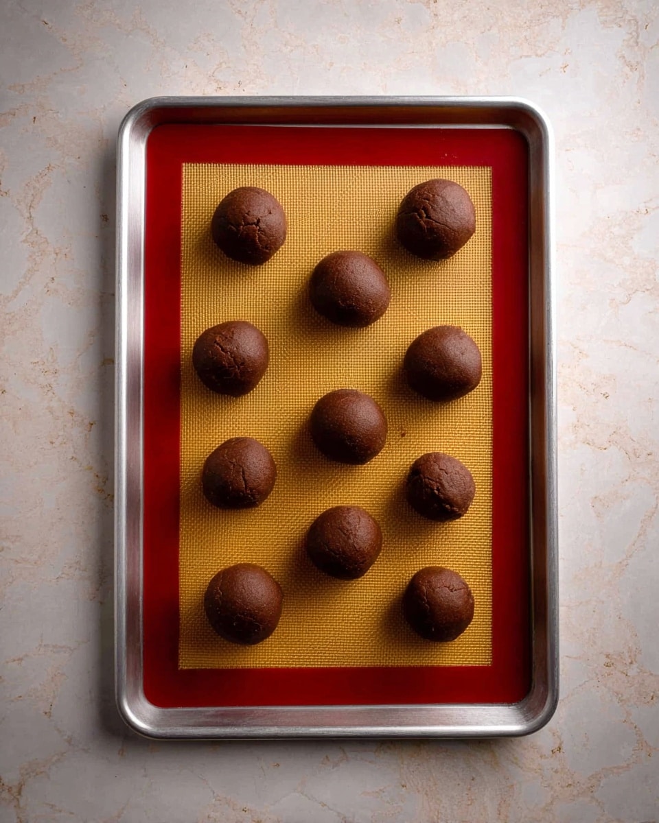 A silver baking tray holds a red-bordered yellow silicone mat. On this mat, seven round balls of dark brown dough are evenly spaced, showing a smooth texture with slight cracks on their surfaces. The scene is set on a white marbled textured background. photo taken with an iphone --ar 4:5 --v 7