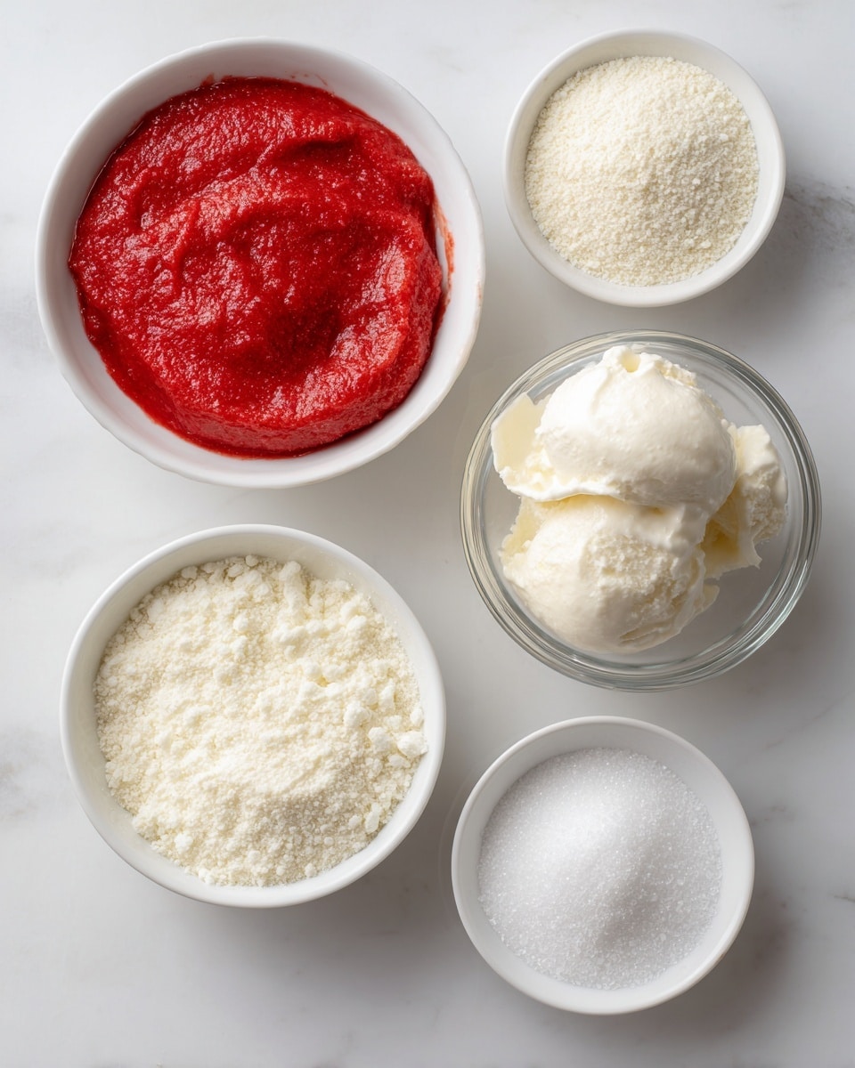 The image shows five small white bowls arranged on a white marbled surface, each containing a different ingredient. One bowl holds smooth, bright red strawberry puree with a slightly textured top. Another bowl contains fine, white glutinous rice flour, looking powdery and soft. A clear glass bowl is filled with white vegan ice cream that has a creamy and slightly crumbly texture. A small white bowl has granulated white sugar with a sparkly appearance, and the last bowl contains white cornstarch, which looks fluffy and powdery with a bit of clumpiness. Each bowl's contents are clearly visible and neatly placed. photo taken with an iphone --ar 4:5 --v 7
