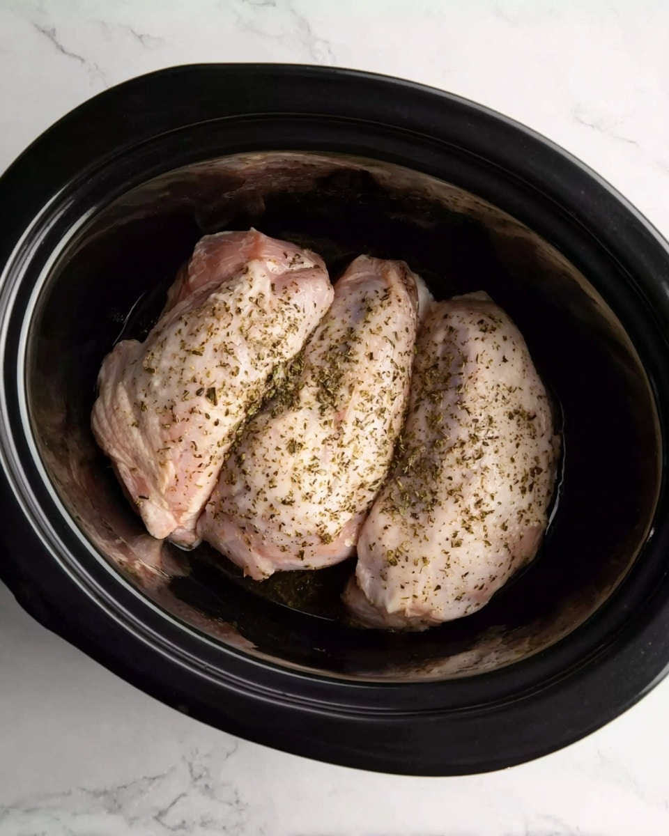 The image shows three raw chicken pieces placed closely together inside a black slow cooker. The chicken is lightly sprinkled with small greenish herbs and seasoning, giving the skin a speckled look. The slow cooker has a smooth, shiny black interior and rests on a white marbled surface. The overall scene is simple and clean, highlighting the preparation of the chicken before cooking photo taken with an iphone --ar 4:5 --v 7