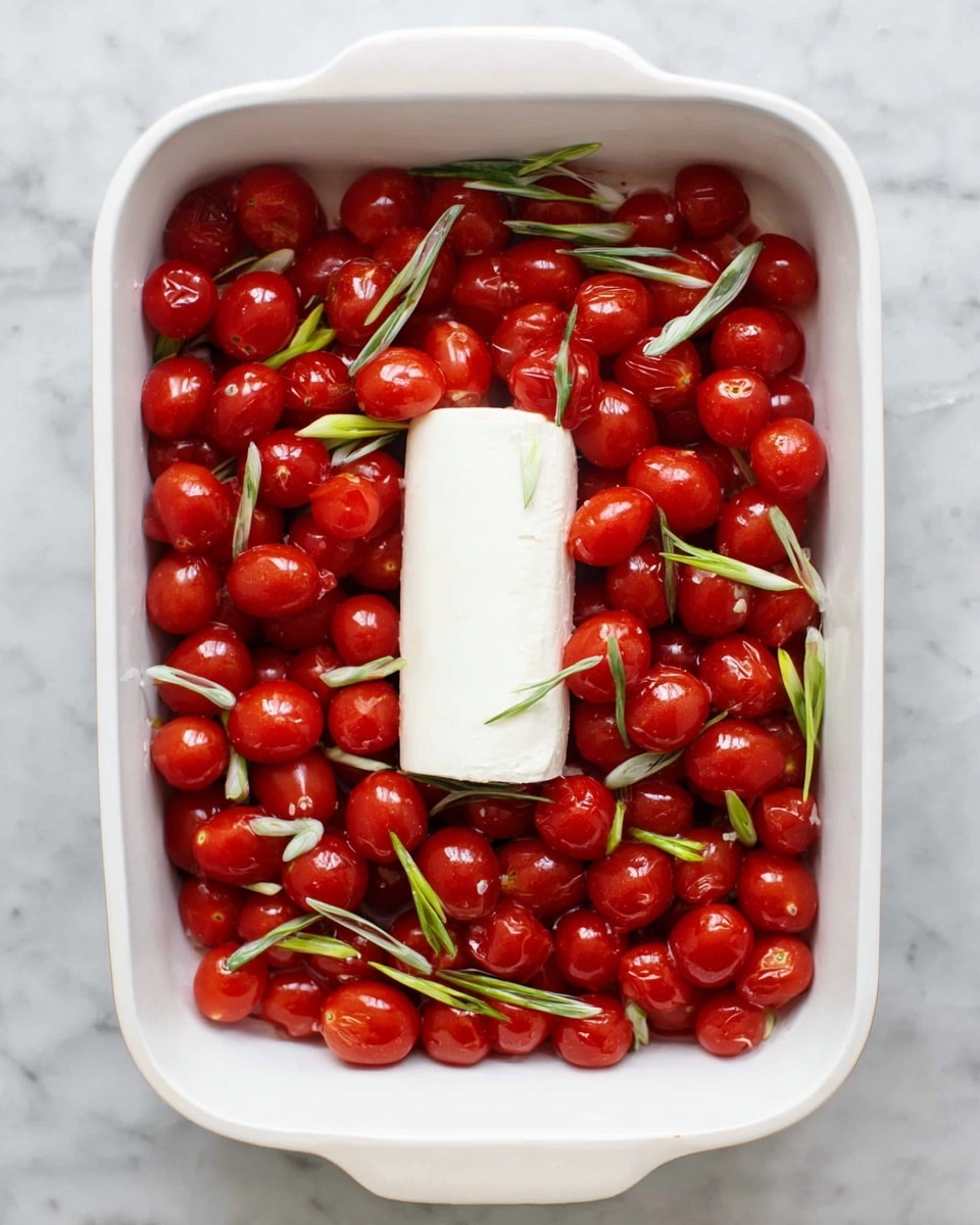 Inside a white baking dish, there is one large layer of small, shiny red cherry tomatoes spread evenly across the bottom. Among the tomatoes, there are thin strips of green onion scattered throughout, adding a touch of light green color. In the center of the dish, a white log-shaped block of cream cheese sits on top of the tomatoes. The dish rests on a white marbled surface. photo taken with an iphone --ar 4:5 --v 7