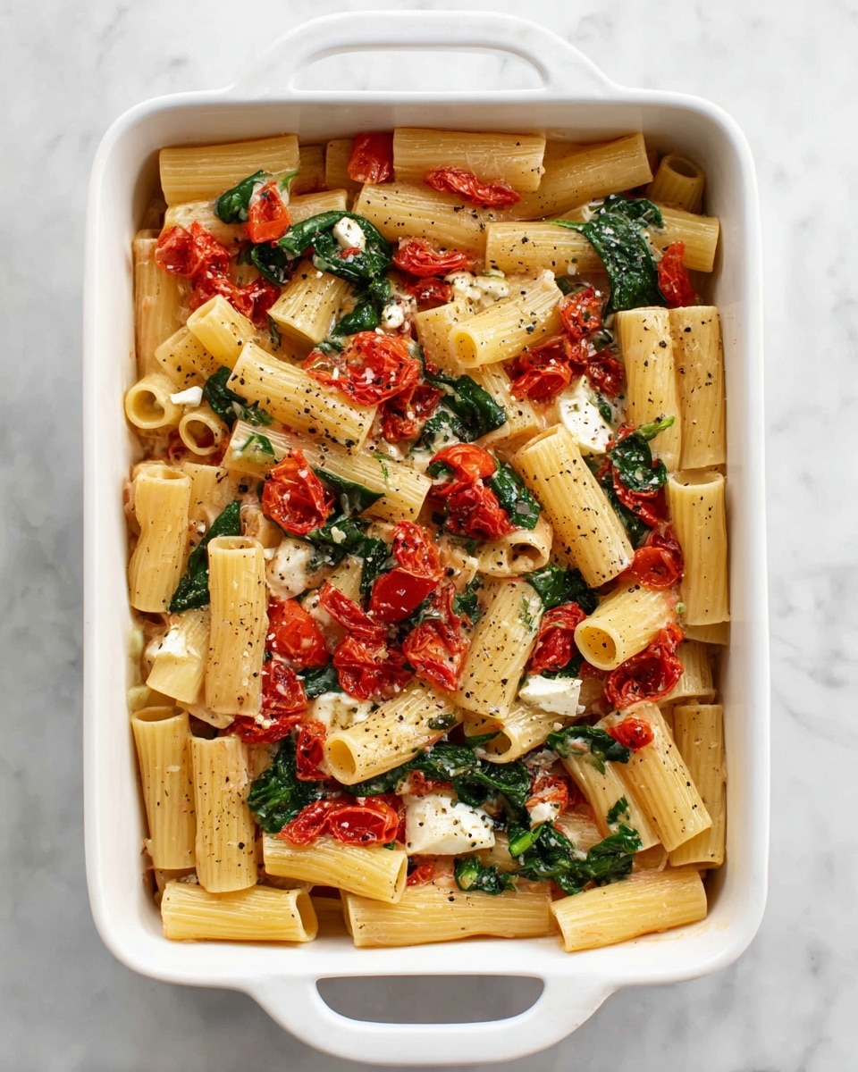 A white rectangular baking dish filled with rigatoni pasta showing three clear layers: the top layer has scattered green spinach leaves and small bright red roasted tomato pieces mixed evenly; the middle layer is filled with pale yellow pasta tubes with a smooth texture; the bottom layer includes some creamy mozzarella chunks and a light seasoning of cracked black pepper all over the dish, placed on a white marbled surface photo taken with an iphone --ar 4:5 --v 7