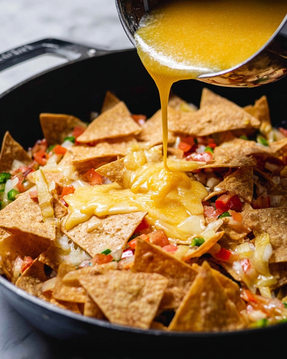 In a close-up view, golden yellow sauce is being poured from a silver bowl onto a layer of crispy, triangular toasted chips that are light brown with a slight rough texture. The chips are scattered over the bottom of a black pan and are topped with small pieces of translucent cooked onions, soft green peppers, and bits of red tomatoes. The sauce creates a smooth, shiny, slightly frothy texture as it flows down over the chips and vegetables, blending with them on the base layer. The photo is taken on a white marbled surface. Photo taken with an iphone --ar 4:5 --v 7