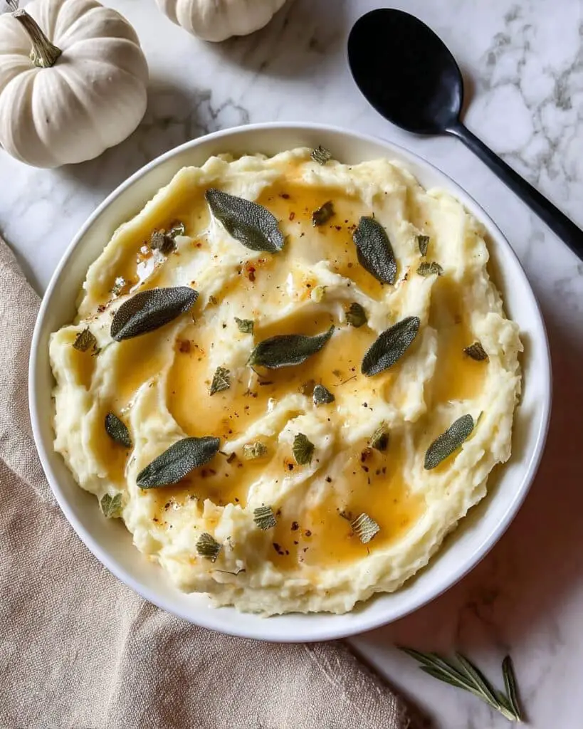 Brown Butter Roasted Garlic Mashed Potatoes with Crispy Sage and Thyme Recipe
