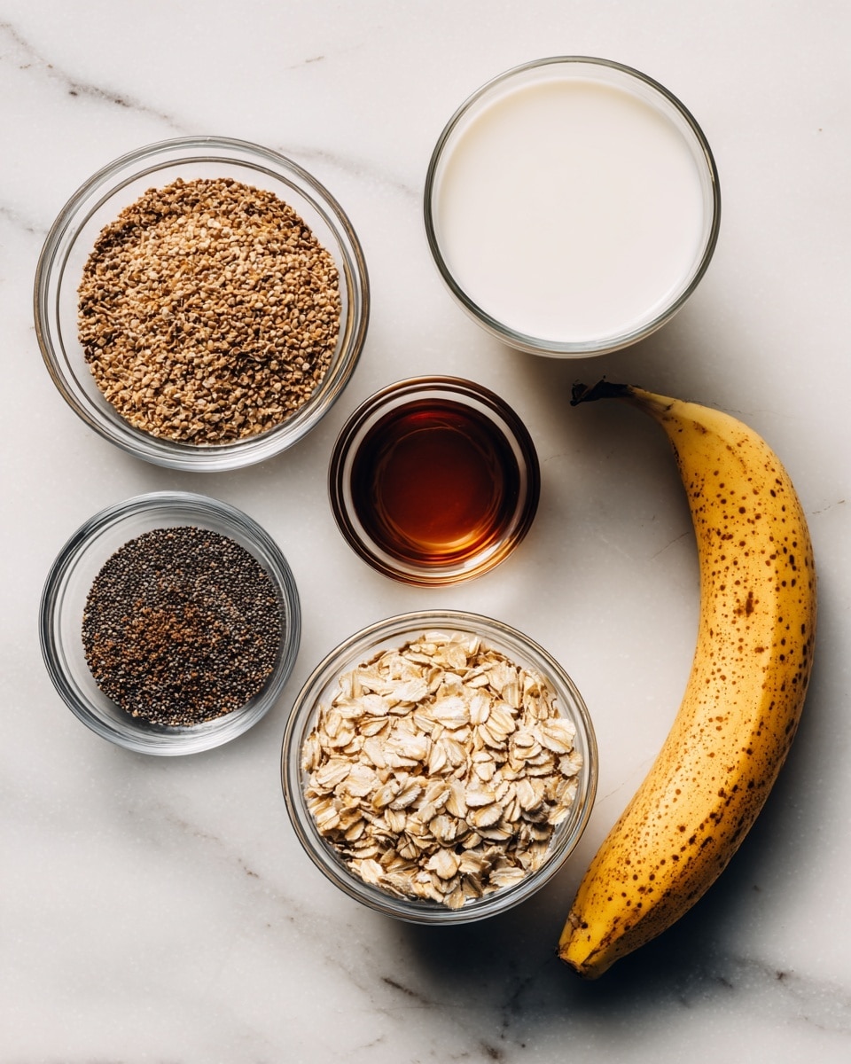 The image shows several small clear glass bowls and one glass cup arranged on a white marbled surface. Starting from the top left, there is a small bowl filled with light brown ground flax seeds with a rough texture. To the right, there is another small bowl containing dark amber vanilla extract, smooth and liquid. Below these, in the center, a small bowl holds tiny, round, black and gray chia seeds. To the bottom left, a small bowl is filled with crumbly dark brown sugar. On the right side of the image, a clear glass cup is filled with white almond milk. Below it, a larger clear bowl contains light beige rolled oats with a dry, flat texture. Next to the bowl, on the far right, there is a ripe banana with yellow skin and many brown spots, curved and placed horizontally. photo taken with an iphone --ar 4:5 --v 7