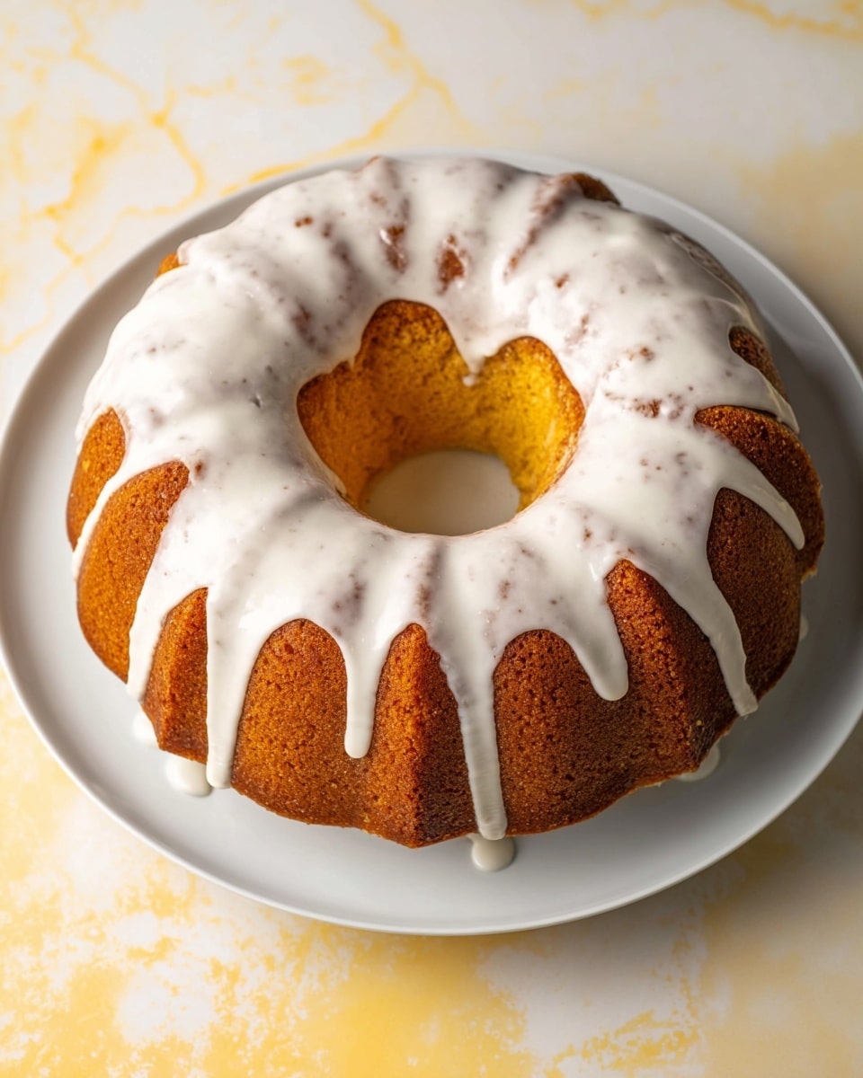 A round bundt cake with a golden brown texture sits centered on a white plate. The cake has a thick white glaze that drips unevenly over the top and down the sides, creating soft, smooth curves and patches of shiny glaze. The inside hole of the bundt cake shows a slightly lighter yellow crumb. The plate is set on a white marbled surface with faint veining. photo taken with an iphone --ar 4:5 --v 7