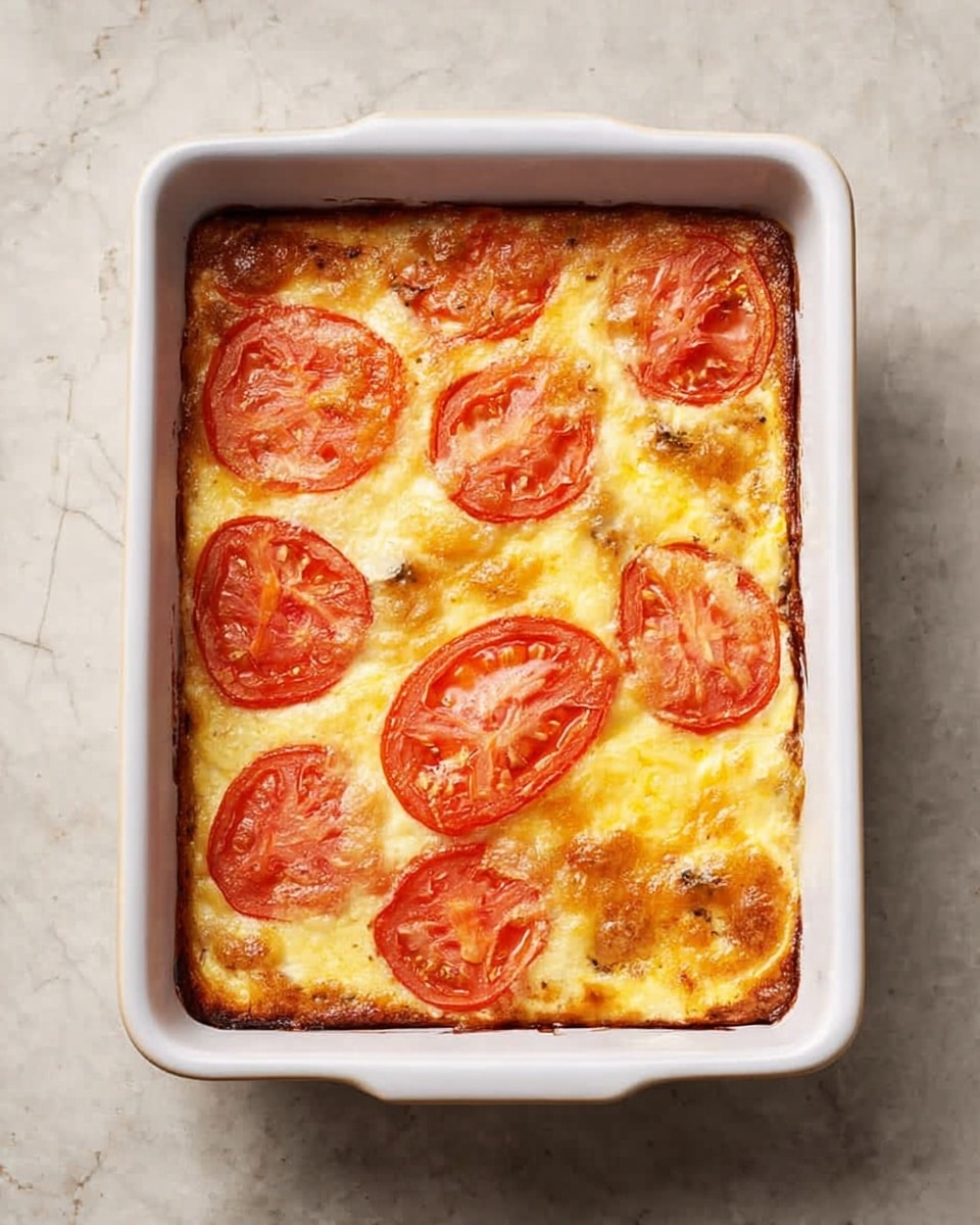 A close-up view of a square piece of layered casserole held on a spatula. The dish has three main layers: the bottom layer is a light brown mix of cooked minced meat and small bits of vegetables, the middle layer is thick and creamy white, showing a soft and smooth texture, and the top layer is golden brown with a slightly crispy surface. On top of the dish is a round slice of bright red tomato sprinkled with small green herbs. The casserole is in a white baking dish with another similar piece in the background, all resting on a white marbled surface. Photo taken with an iphone --ar 4:5 --v 7