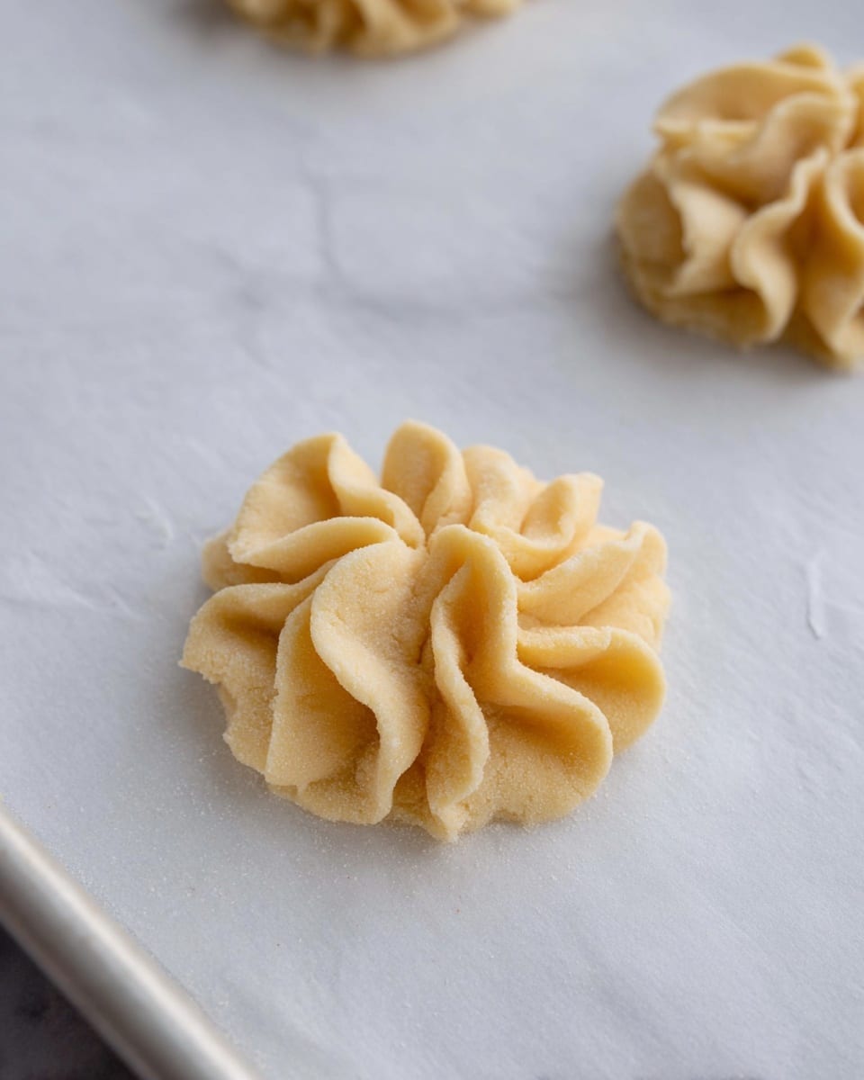 The image shows two small mounds of light tan dough with ruffled edges, each carefully shaped into a flower-like form. The dough has a soft, slightly rough texture with multiple thin layers creating wavy folds that give a delicate, fluffy appearance. They are placed spaced apart on a white marbled surface lined with parchment paper, and the corner of a white baking tray is visible on the left side. The soft lighting highlights the curves and fine ridges of the dough shapes, giving them depth and a gentle shadow beneath. photo taken with an iphone --ar 4:5 --v 7