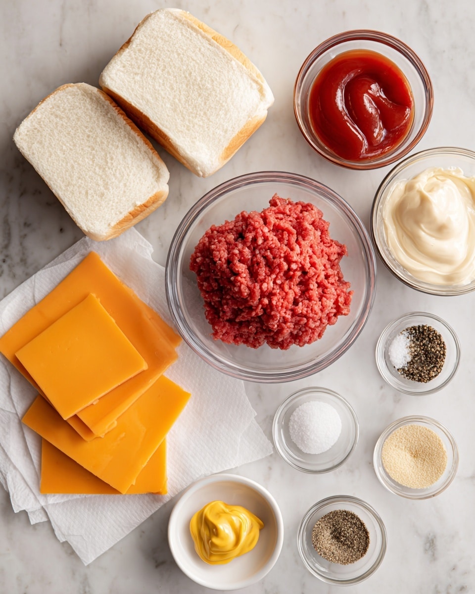 The image shows ingredients arranged on a white marbled surface for making sandwiches. There are six slices of bright orange cheddar cheese stacked on white paper in the lower left corner. Next to the cheese, there are three white sub sandwich buns placed with the open side facing up, showing the soft beige inside. Above the buns is a small glass bowl filled with red ketchup, and next to it is another glass bowl with creamy light beige mayonnaise. Near the center, a larger clear glass bowl holds a mound of bright red ground beef with a coarse texture. Surrounding these are small white dishes that hold different seasonings: one with coarse black pepper, a small bowl with white salt, and another with light brown onion powder. In the middle, a small glass bowl contains a dollop of bright yellow mustard. Each ingredient has a label in black text indicating the amount and name. The photo is taken with an iphone --ar 4:5 --v 7