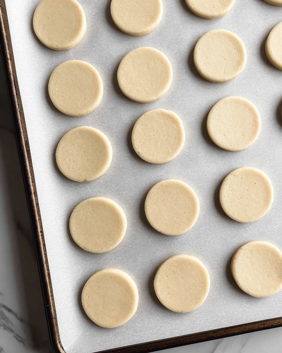The image shows a baking tray lined with white parchment paper placed on a white marbled surface. On the paper, there are multiple raw cookie dough circles evenly spaced in rows and columns. Each circle is pale beige in color with a smooth texture and thin edges. The dough circles are flat and appear ready to be baked. The tray edges are slightly visible, showing a dark metal frame around the parchment paper. photo taken with an iphone --ar 4:5 --v 7