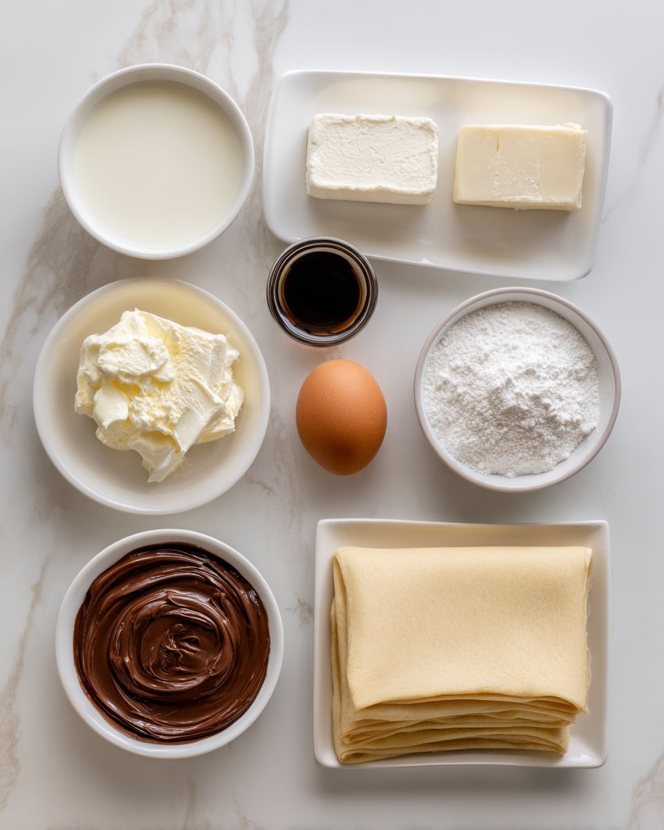 The image shows several small white bowls and a white rectangular plate arranged on a white marbled surface. From top to bottom, there is a white bowl with milk, a white plate holding a block of cream cheese, a white bowl with powdered sugar, a small clear container with dark brown vanilla extract, a whole brown egg, another white bowl filled with smooth, dark brown Nutella, and a white rectangular plate holding two folded layers of pale beige crescent roll dough. All items are neatly spaced and labeled clearly. photo taken with an iphone --ar 4:5 --v 7