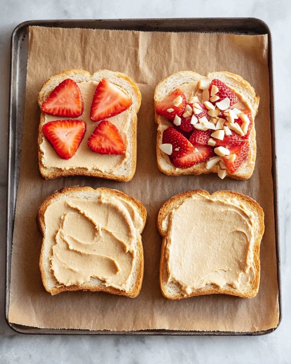 Four slices of lightly toasted white bread sit on a baking tray lined with brown parchment paper, placed on a white marbled surface. Each slice has a spread of creamy, pale beige nut butter covering the entire surface. On the top left slice, there are six triangular slices of fresh strawberries spaced evenly on the nut butter. The bottom left slice is topped with strawberry pieces and a sprinkle of sliced almonds over the nut butter. The top right and bottom right slices are plain with only the nut butter spread. The texture of the nut butter looks smooth with subtle swirls from spreading. Photo taken with an iphone --ar 4:5 --v 7