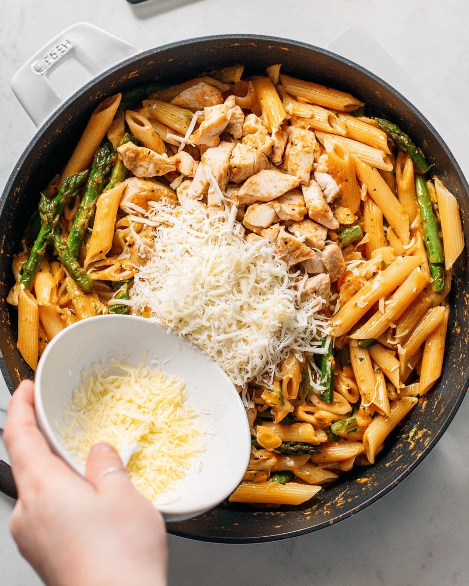 The image shows a black pan filled with cooked penne pasta mixed with green asparagus pieces and light orange sauce. On top of the pasta, there is a thick layer of grated white cheese being added. A woman's hand is holding a white bowl, pouring cubed cooked chicken onto the pasta. The background is a white marbled surface. Photo taken with an iphone --ar 4:5 --v 7