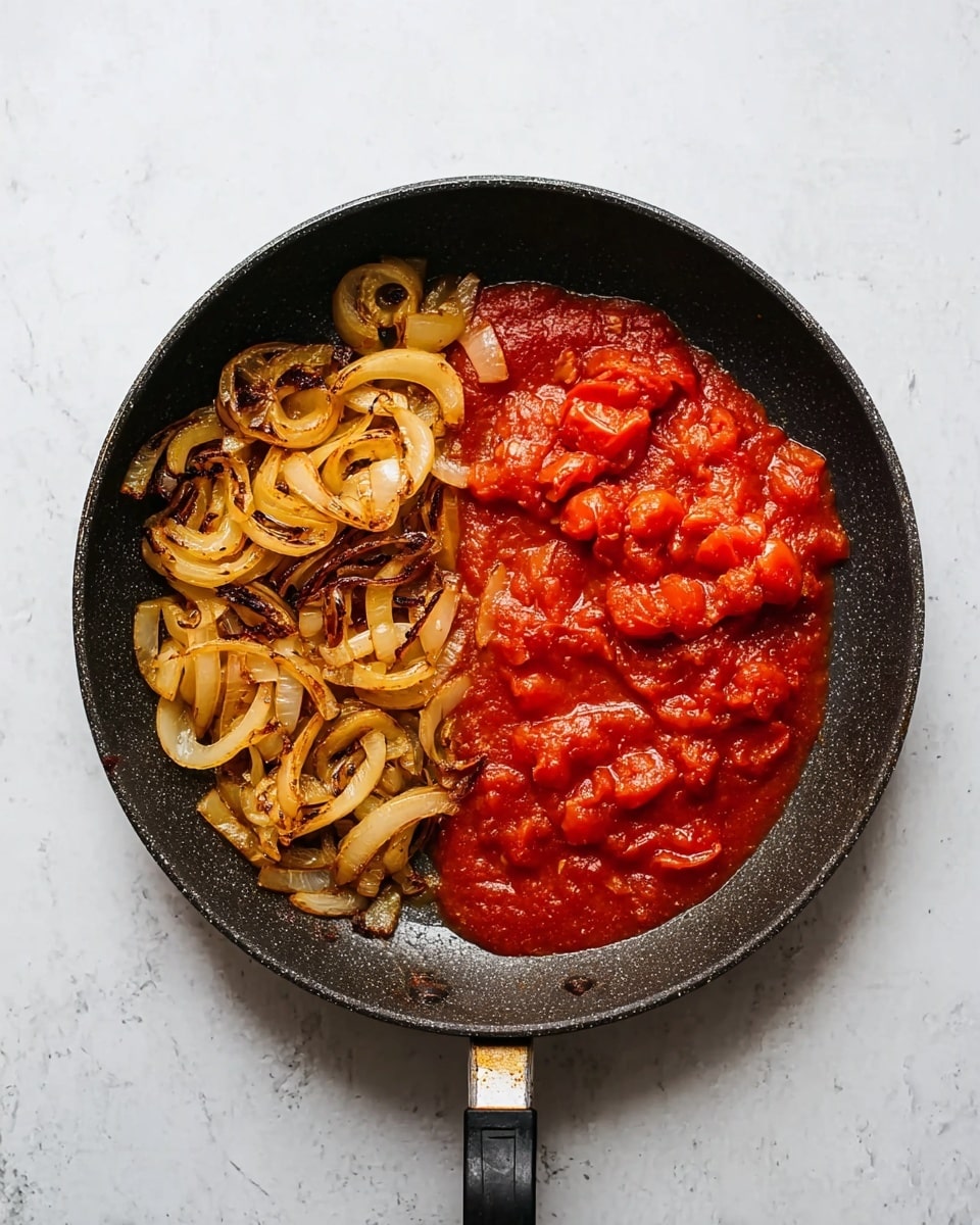 A black frying pan sits on a white marbled surface, containing two main layers: on the left side, there are golden-brown cooked onion slices with some darker charred spots, showing a slightly crispy texture. On the right side, there is a thick, chunky tomato sauce with bright red tomato pieces in a rich red liquid. The two layers are distinct but close, with no mixing. The pan handle extends downward from the bottom center. Photo taken with an iphone --ar 4:5 --v 7