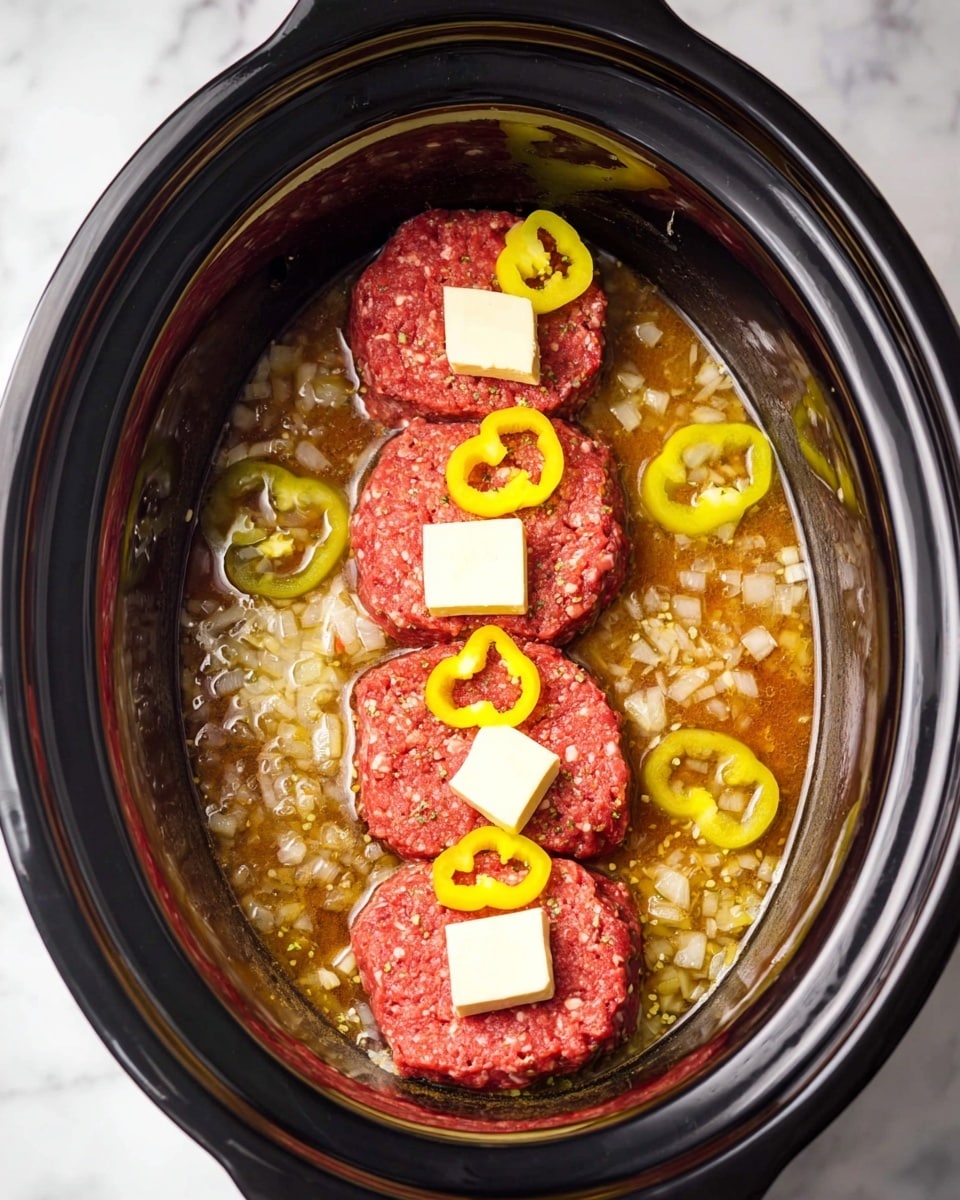 Inside a black slow cooker, there are four raw red meat patties placed in a row. Each patty is topped with small cubes of white butter and bright yellow sliced pepper rings. The patties sit in a light brown, slightly bubbly sauce mixed with bits of light-colored chopped onions. The inner black surface of the cooker contrasts with the colorful ingredients inside. The cooker is set on a white marbled surface. photo taken with an iphone --ar 4:5 --v 7