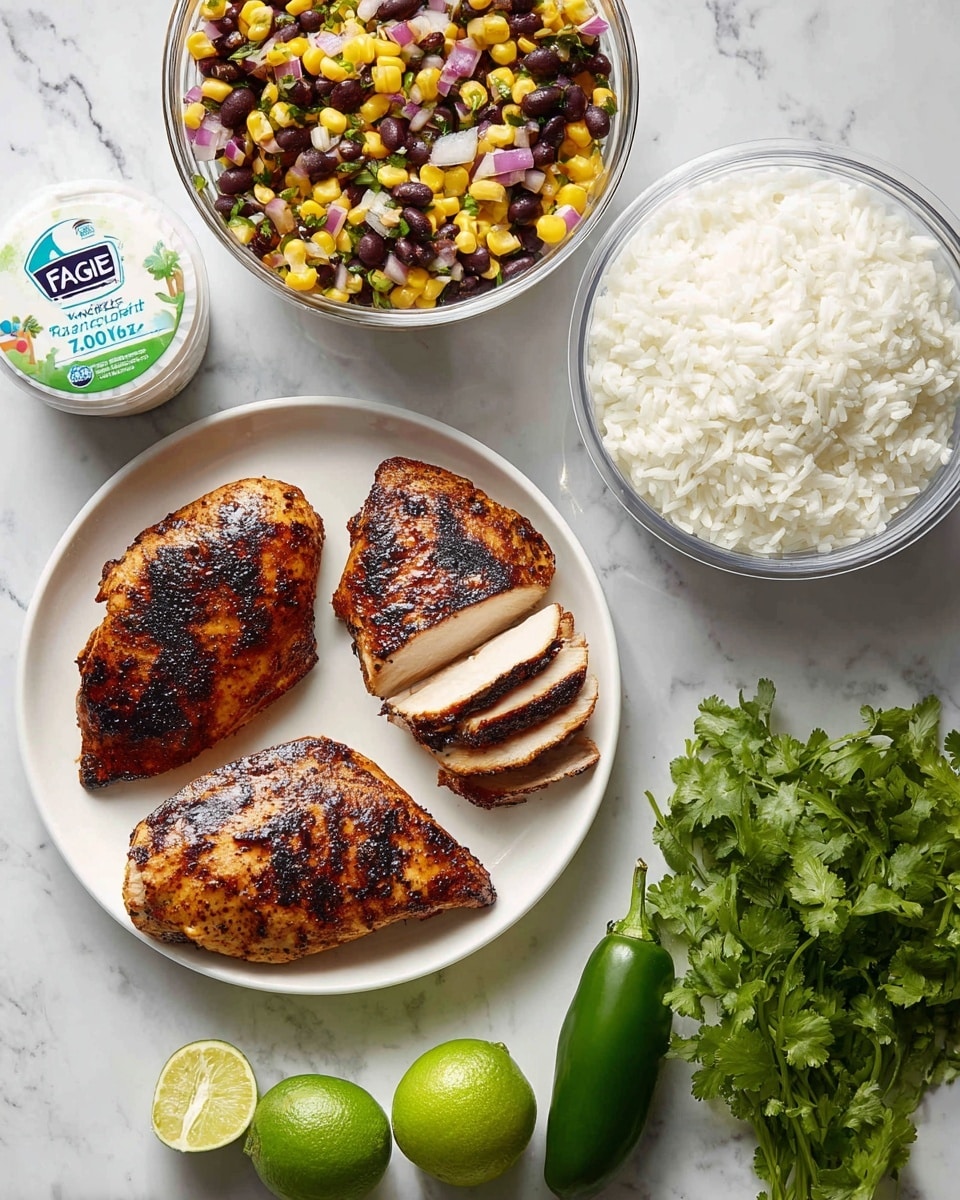 On a white plate, there are three pieces of grilled chicken with a dark brown and slightly charred surface; one piece is sliced, showing tender, light brown inside layers. Above this plate to the left is a white bowl filled with a colorful mix of black beans, yellow corn, finely chopped red onion, and green herbs. Beneath the plate is a clear glass container filled with fluffy white rice. To the right of the bowl and plate are two lime halves, a whole green jalapeño, a container of FAGE Total 2% yogurt with a white and green label, and a bunch of fresh green cilantro, all arranged on a white marbled surface. Photo taken with an iphone --ar 4:5 --v 7